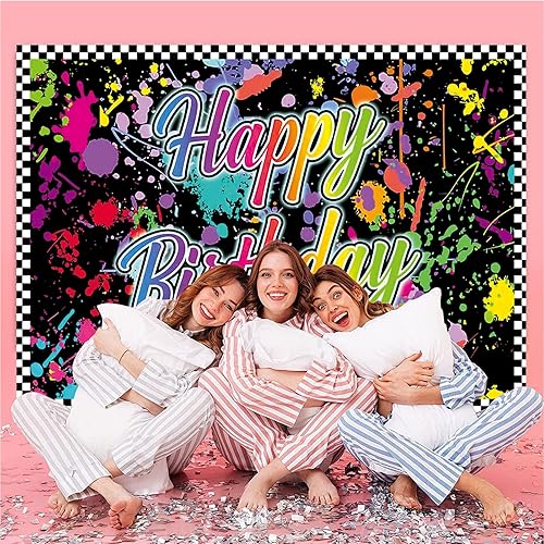 Miniatura 4 de Fondo de decoración de cumpleaños que brilla en la oscuridad, 7 x 5 pies, colorido graffiti salpicadura de pintura de fondo de fiesta de los años 80