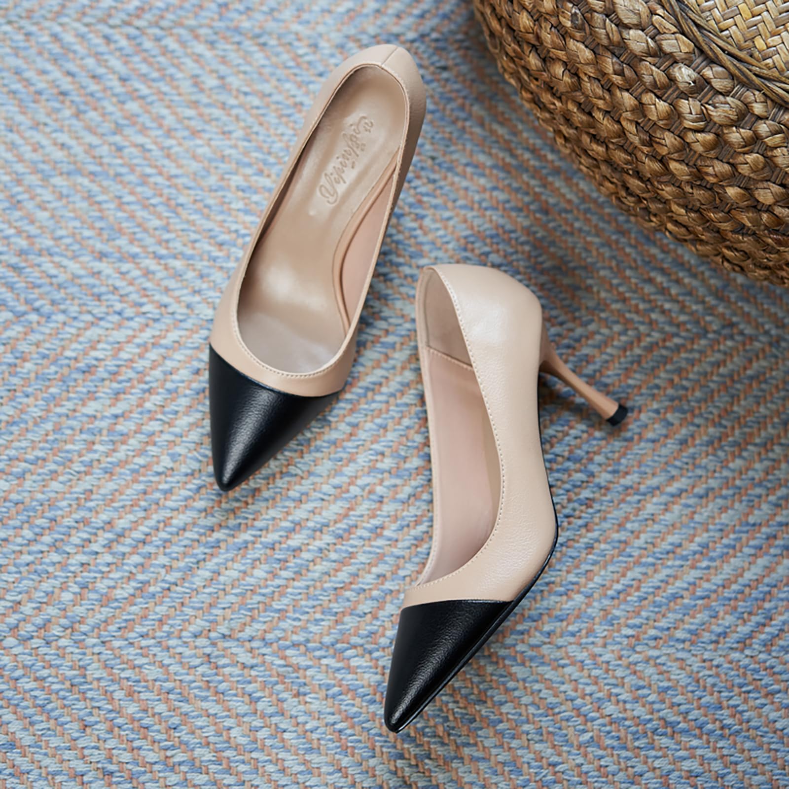 Zapatos de Tacón Bicolor - Punta Negra & Cuerpo Desnudo, Disponibles en Charol & Ante con Tacones 5cm/7cm, Tallas 34-43
