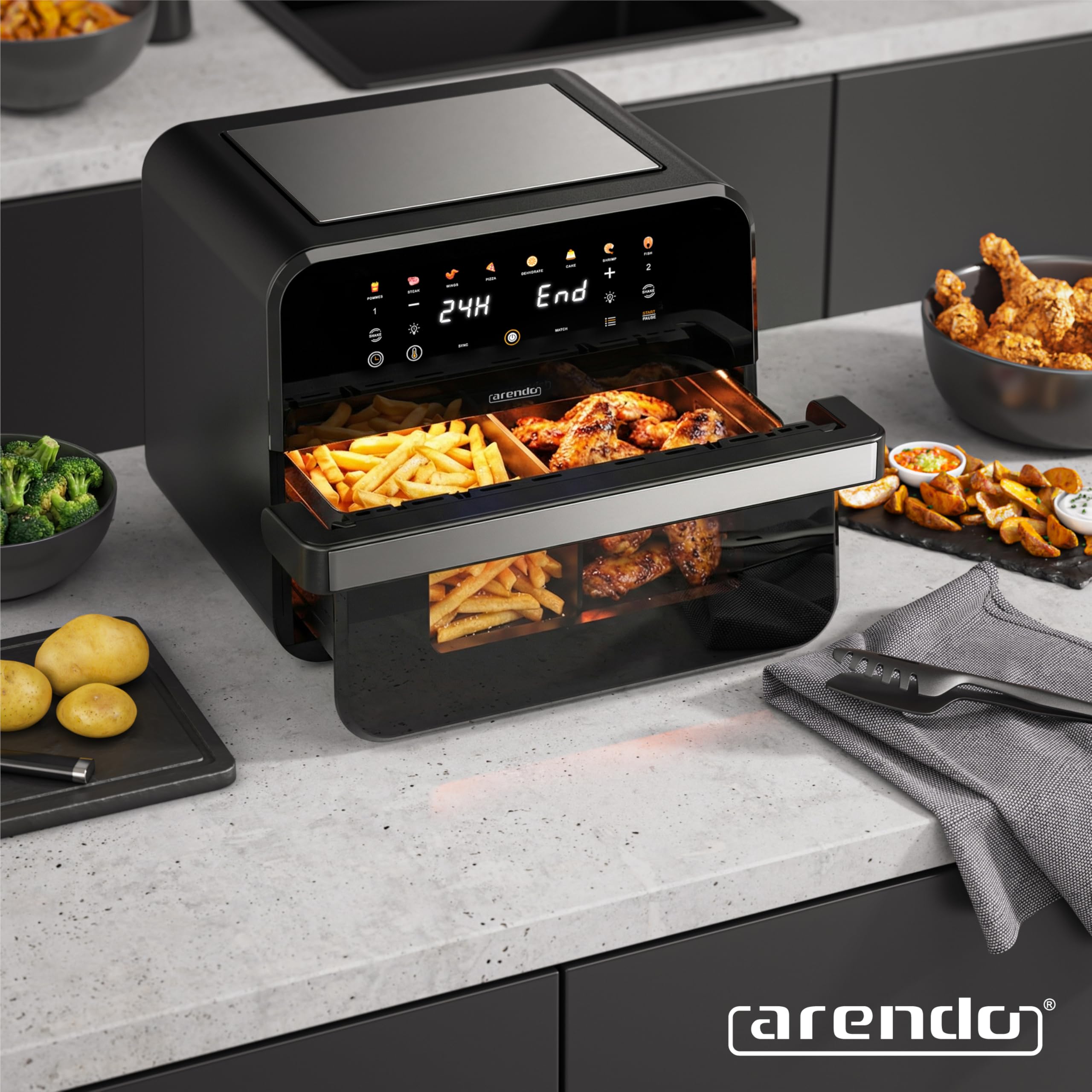 Arendo - Heißluftfritteuse XXL 12 Liter - 2 Kammern / 1 Kammer Match Funktion - extra Groß - Backofen Umluft - Grill - Dörrautomat - Air Fryer - Fritteuse ohne Öl - Pizza Hähnchen Pommes