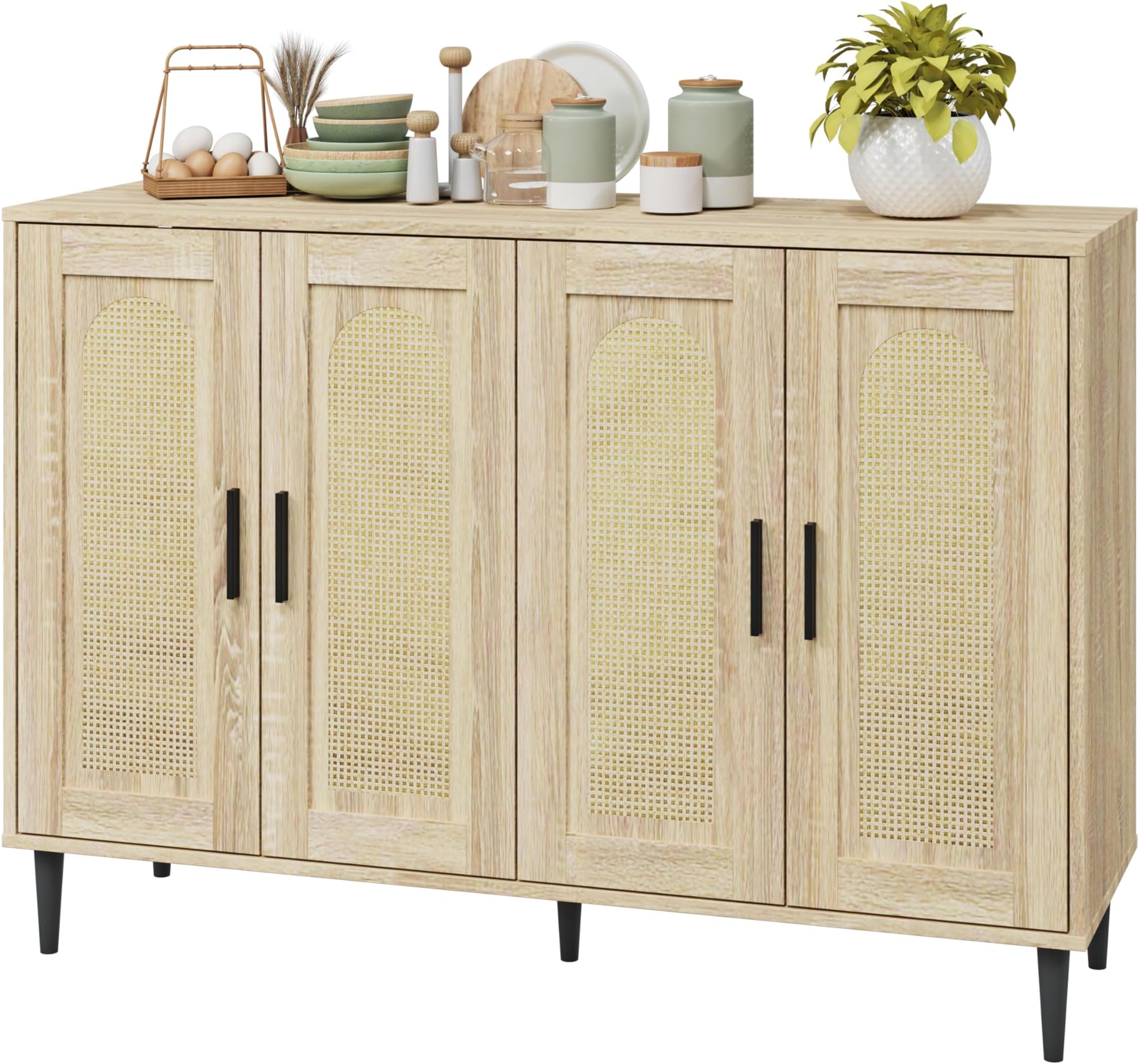 Buffet Cabinet - Sideboard with Storage, Rattan Kitchen Cabinet with 4 Doors, Accent Sideboard for Dining Room, Kitchen, Hallway, Cupboard Console Table (Natural Color)
