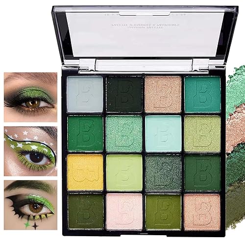 XiaoTu Paleta de sombra de ojos verde, paleta de maquillaje de sombra de ojos mate con purpurina de 16 colores, altamente pigmentada, colorida,