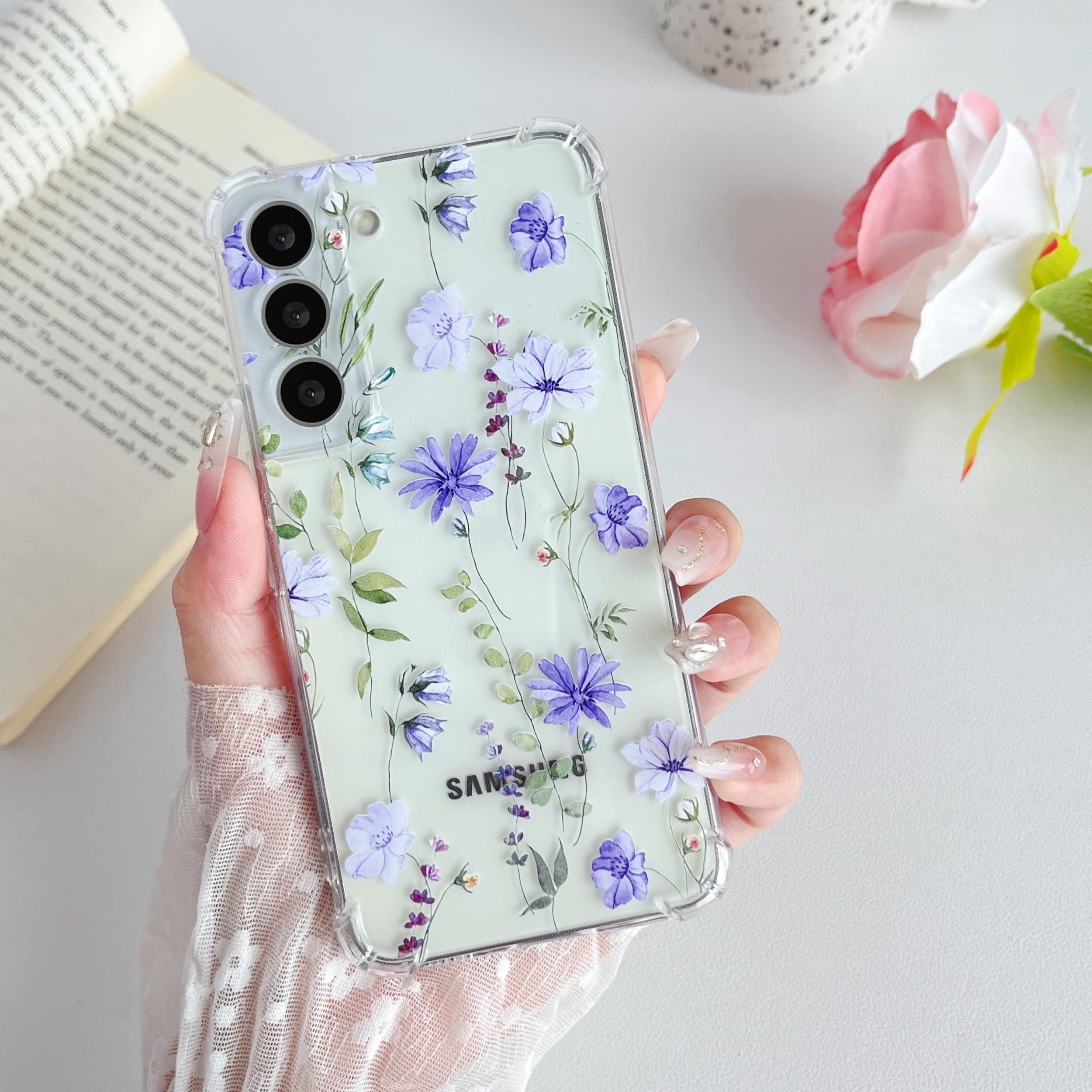 DEFBSC Soft Case Compatible with Samsung Galaxy S22 Plus, Clear Floral Flower Pattern Print Design Flexible TPU Shockproof Cover for Women Girls,Flower Protective Phone Case, Purple Cosmos