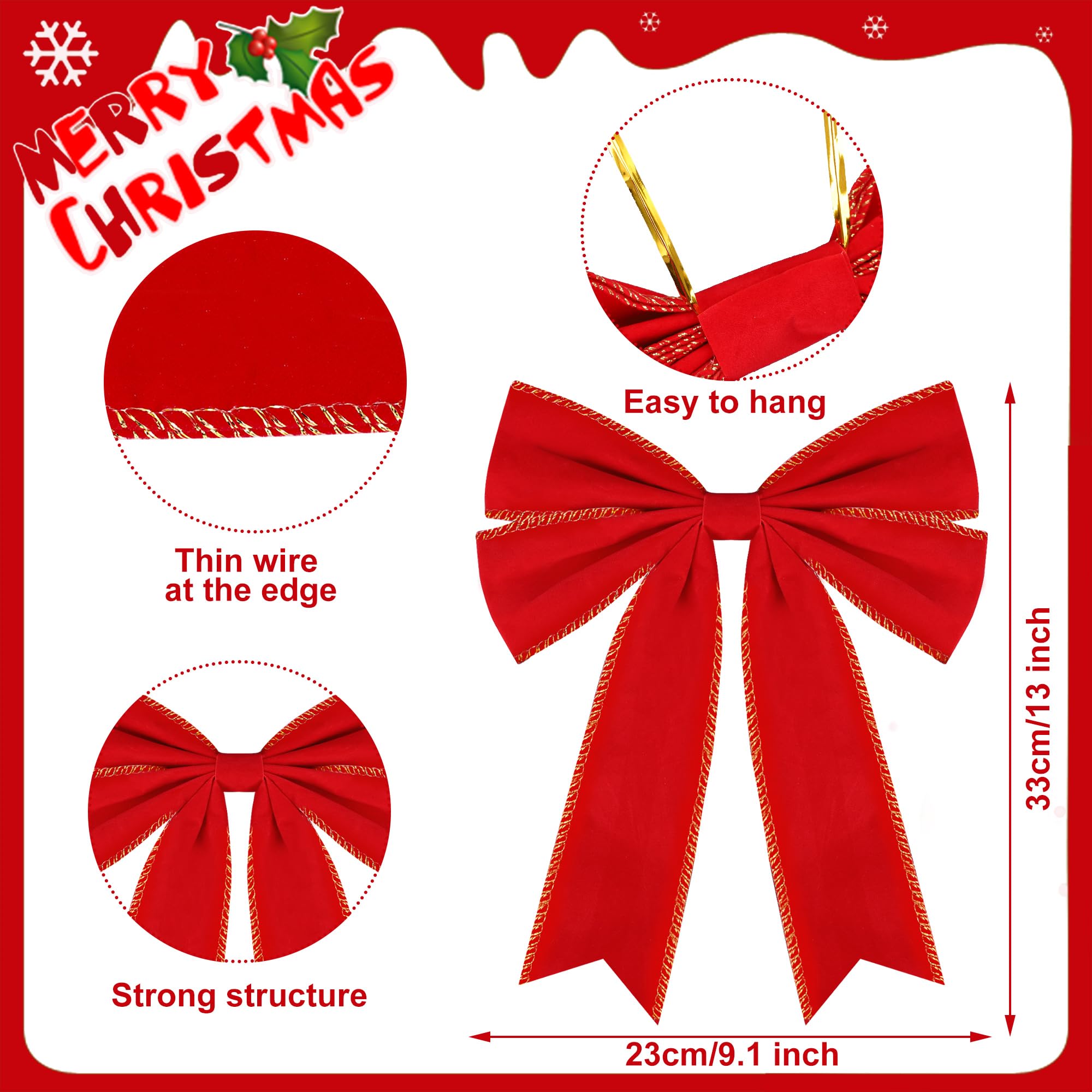 Maniaacer 20 Packs Christmas Velvet Bows 13 x 9 inch Red Velvet Bow Ornament for Tree Large Premade Red Bows for Outdoor Indoor Xmas Tree Wreath Door Holiday Decoration