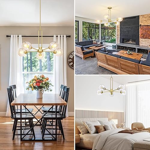 Miniatura 9 de Lámpara colgante con forma de globo, moderna lámpara de techo semiempotrada dorada con vidrio transparente, lámpara de comedor de 5 luces, lámpara