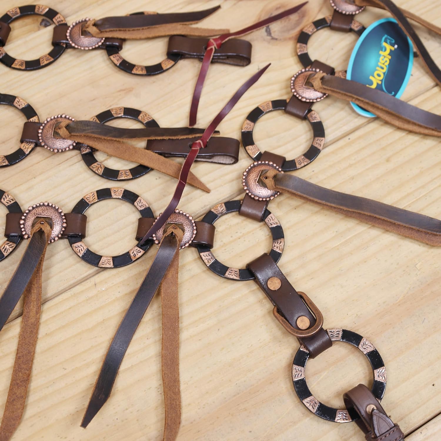 Western Ring Headstall and Breast Collar Handmade Tack Set for Horses, Two-Tone Brown with Engraved Antique Nickel Rings, Raw Leather Fringe, Braided Browband, Argentina Leather