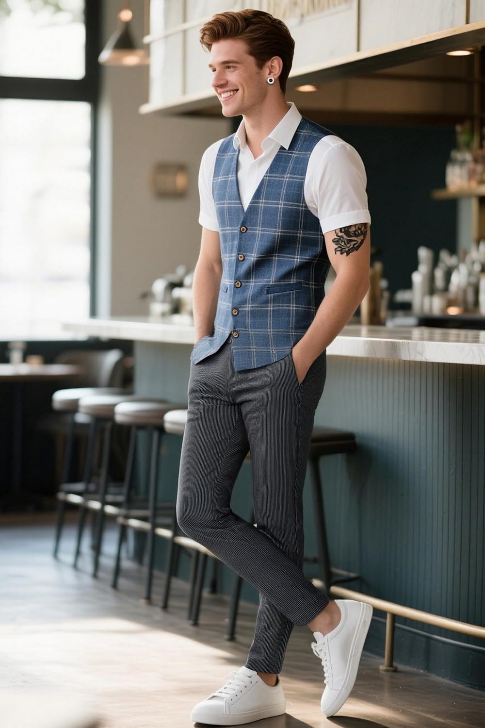 Plaid&Plain Men's Plaid Pants Skinny Dress Pants for Men Skinny Chino Pants Men - Image 3