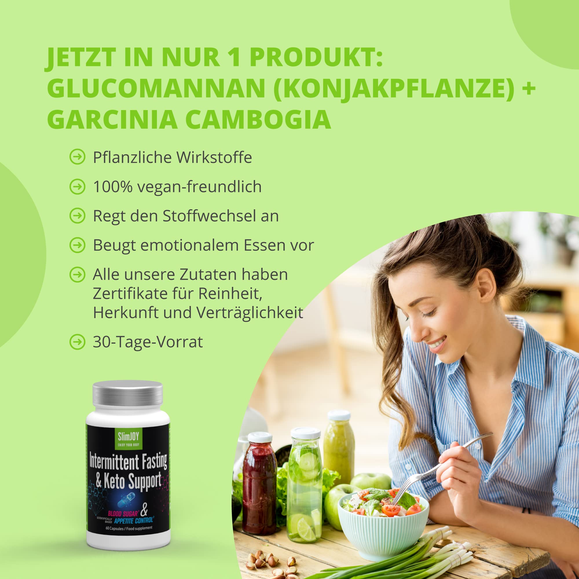 Abnehmen – Intermittent Fasting und Keto Support – 3000 mg Glucomannan aus der Konjac-Wurzel, 300 mg Garcinia Cambogia und Chrom – 180 Kapseln – mit Kostenloser E-Book-Ratgeber – SlimJOY Sensilab