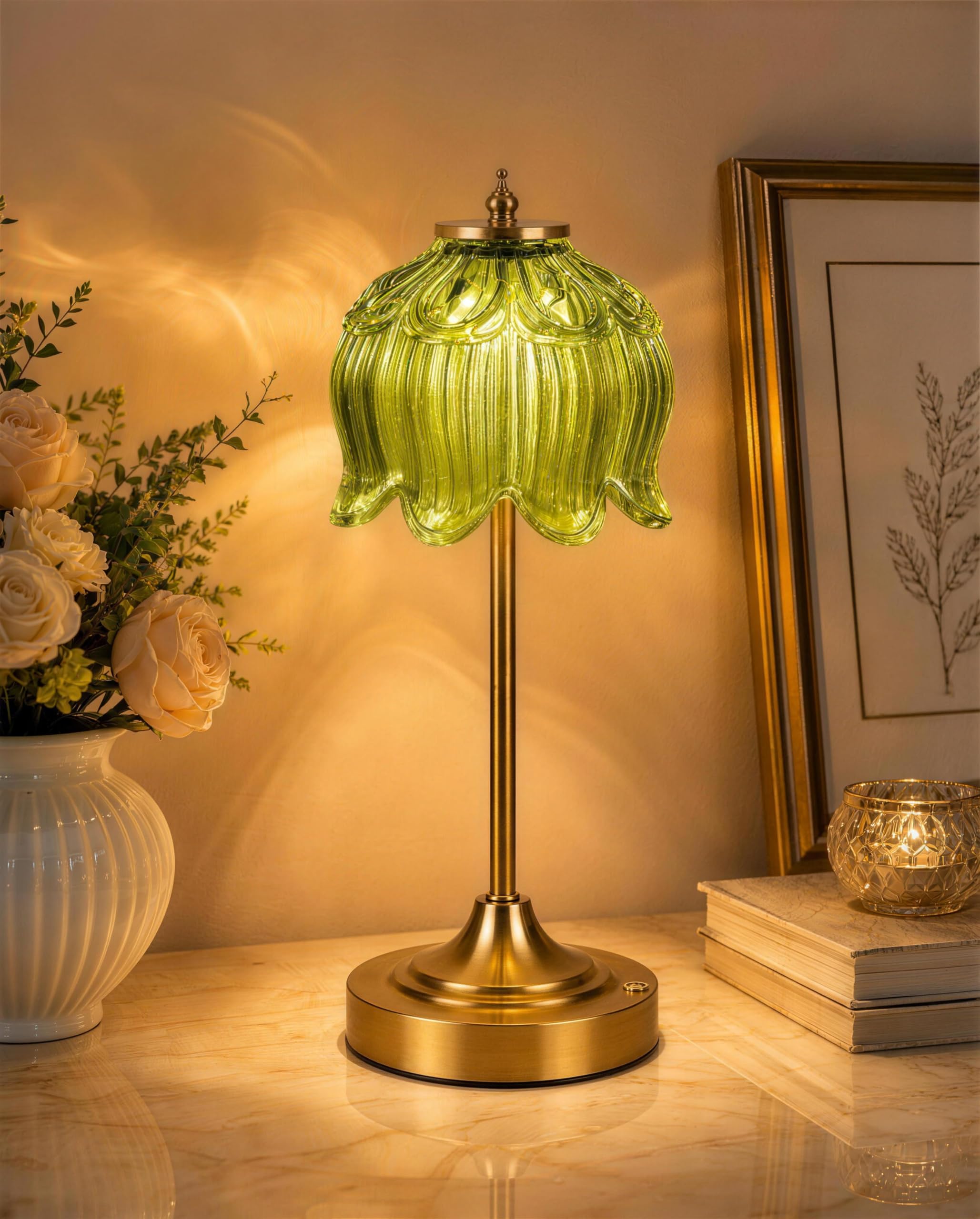 Photo 1 of Lotus Flower Cordless Table Lamp, 5200mAh Rechargeable Battery Powered Lamp with Touch Control, 3 Color Temps & Stepless Dimming, Portable Decorative Light for Bedroom/Desk/Living Room/Kitchen-Green