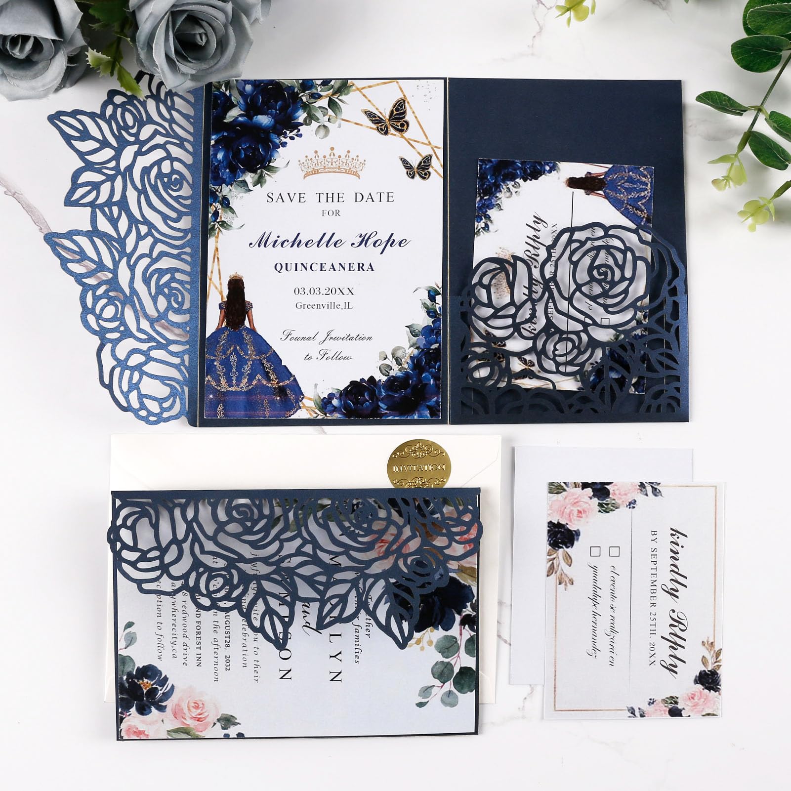 Hochzeitseinladungen, dreifach gefaltet, 250 g/m², mit Umschlägen und Antwortkarten, lasergeschnitten, hohl, Hochzeitseinladungs-Set für Hochzeit, Verlobung, Brautparty, Party, Einladung, 12,7