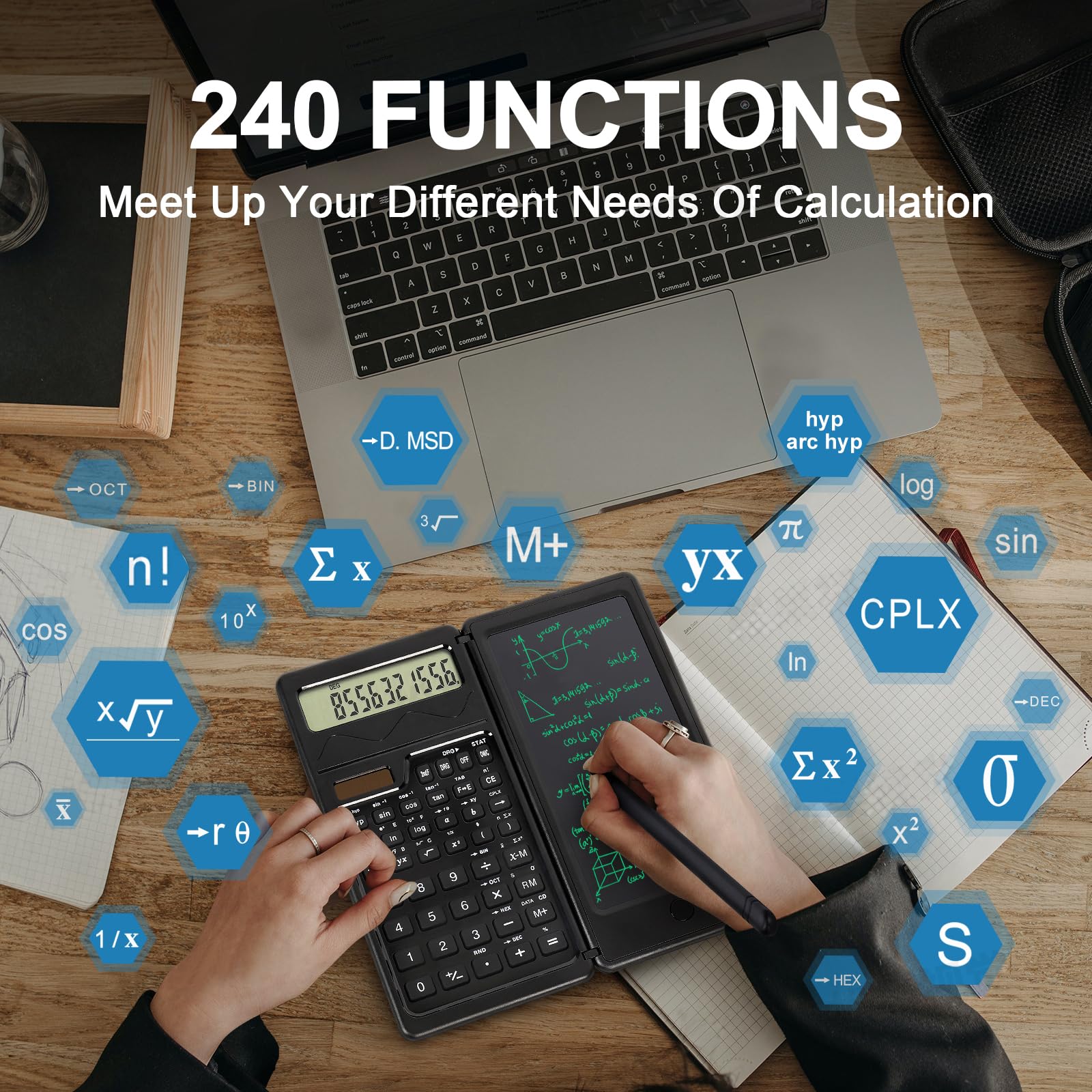 Calculatrices scientifiques pour étudiants, grand écran à 10 chiffres/calculatrice de mathématiques avec bloc-notes pour collège lycée et collège (noir)