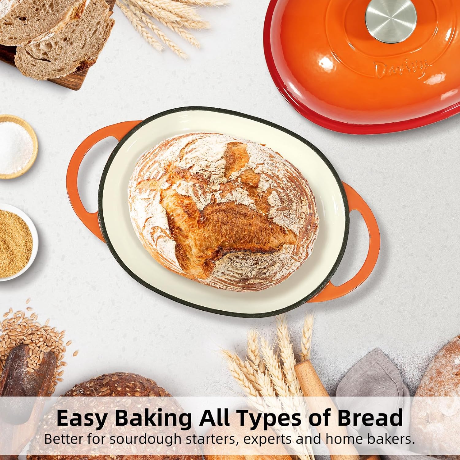 Davivy Cast Iron Oval Bread Pan with Lid 6QT, Dutch Oven for Sourdough Bread, Non-stick Cast Iron Sourdough Baking Pan with Silicone Baking Mat - Flame Orange