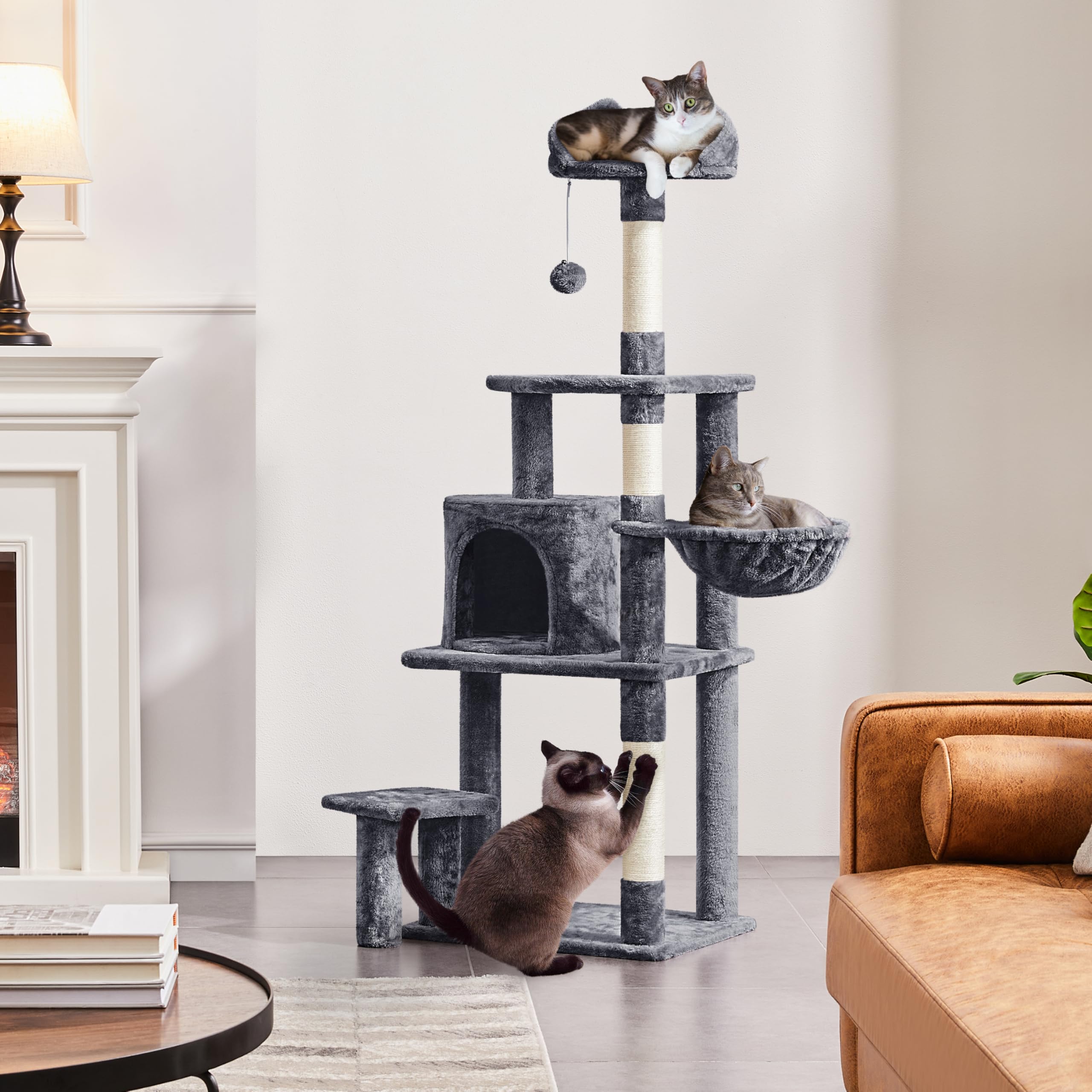 Yaheetech Arbre à Chat Multiniveau Tour pour avec Perchoir Oreilles de Cachette Panier Plateforme Poteaux Griffer Centre d’activités Taille 145 cm Haut Gris Foncé 48,5 × 40,5