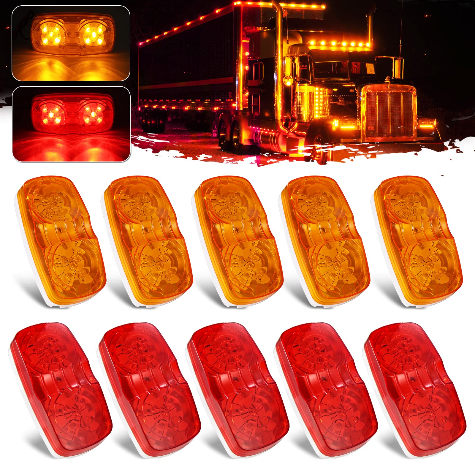 PSDRIQQ DC12V 10 LED Trailer Lights Side Marker Clearance Indicators Cab Marker Light Lamp Waterproof for RV Camper Truck Van - 5Pack Amber + 5Pack Red