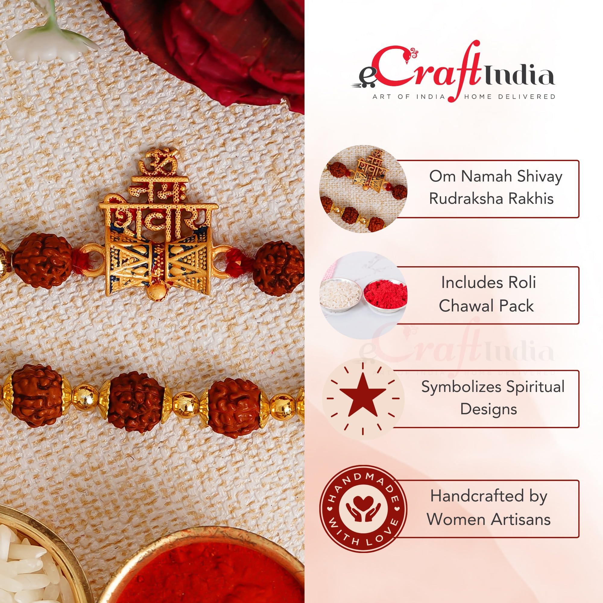 eCraftIndia Set of 2 Golden & Brown Om Namah Shivay with Damru and Rudraksha Religious Rakhis, Best Bro Ever Fridge Magnet with Roli Chawal Pack - Rakhi for Brother, Bhaiya, Bhai 2