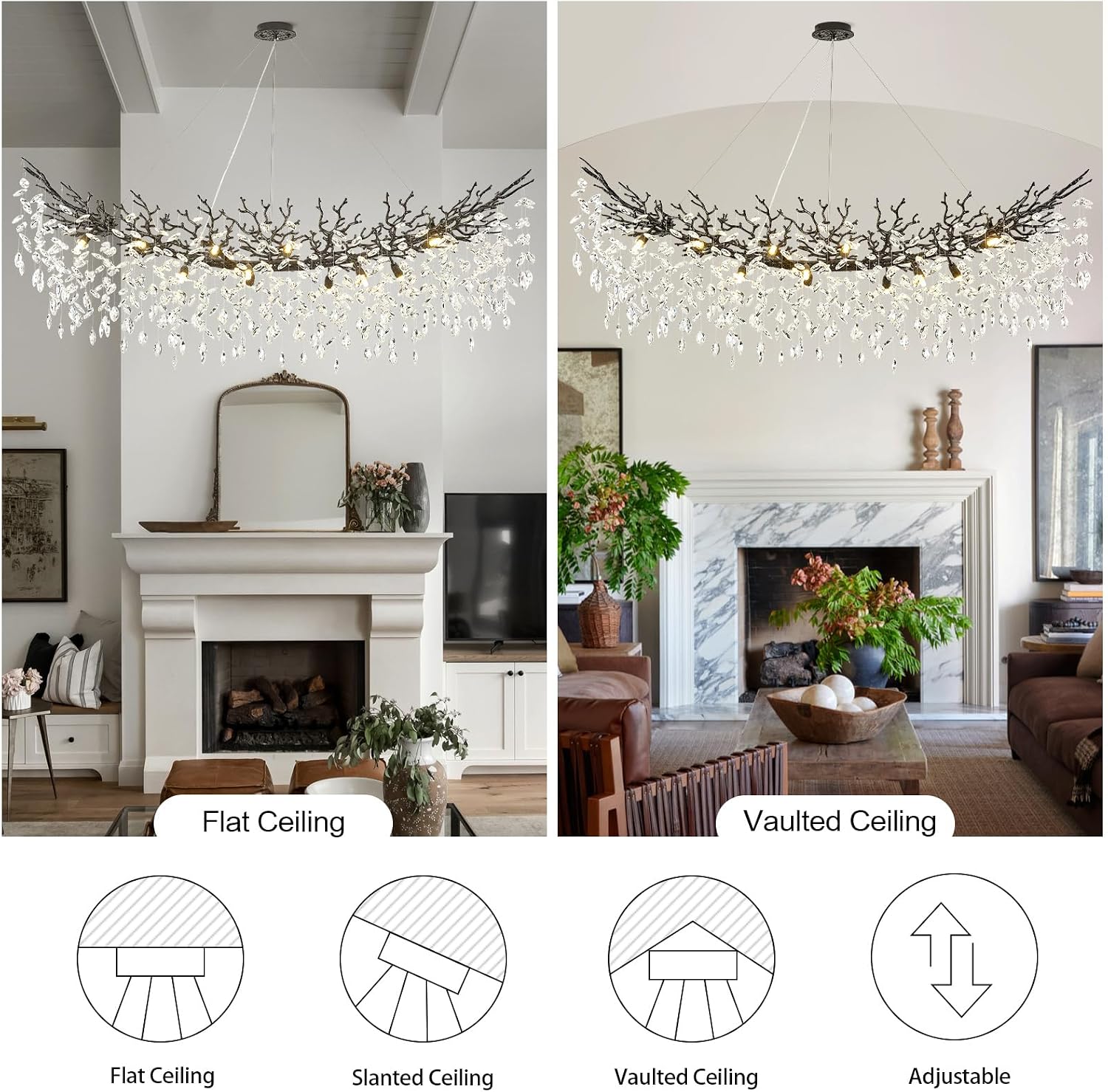 Crystal Chandeliers for Dining Room,63" Black Farmhouse Raindrop Chandelier Large Unique Adjustable Tree Branch Industrial Rectangle Chandelier for Living Room, Bedroom, Entryway (16-Light)