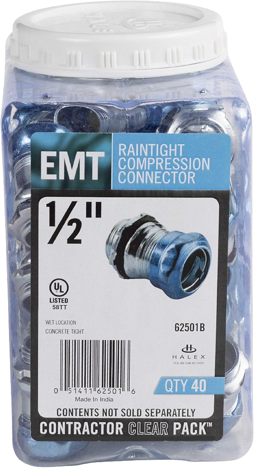 Halex – ½ Inch Electrical Metallic Tube Raintight Compression Connectors – 62501B – 40 Per Pack