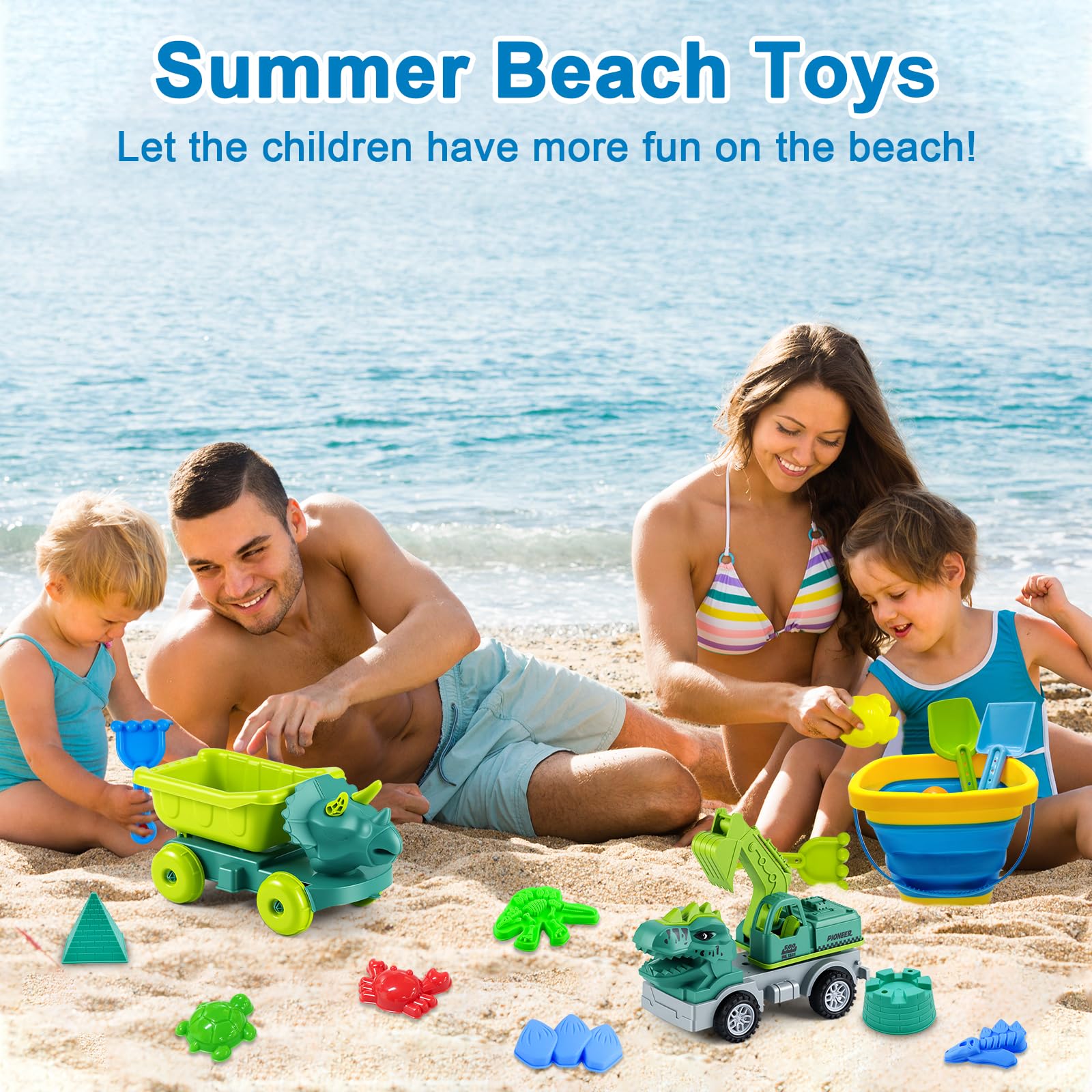 Lot de 36 Jouets de Plage pour Enfants - avec Motif Dinosaure (âge 1 à 3 Ans) - Ensemble de Jouets de Plage de Voyage (âge 4-8) - Sac en Filet - Pelle - Château - Formes d'animaux Kit de