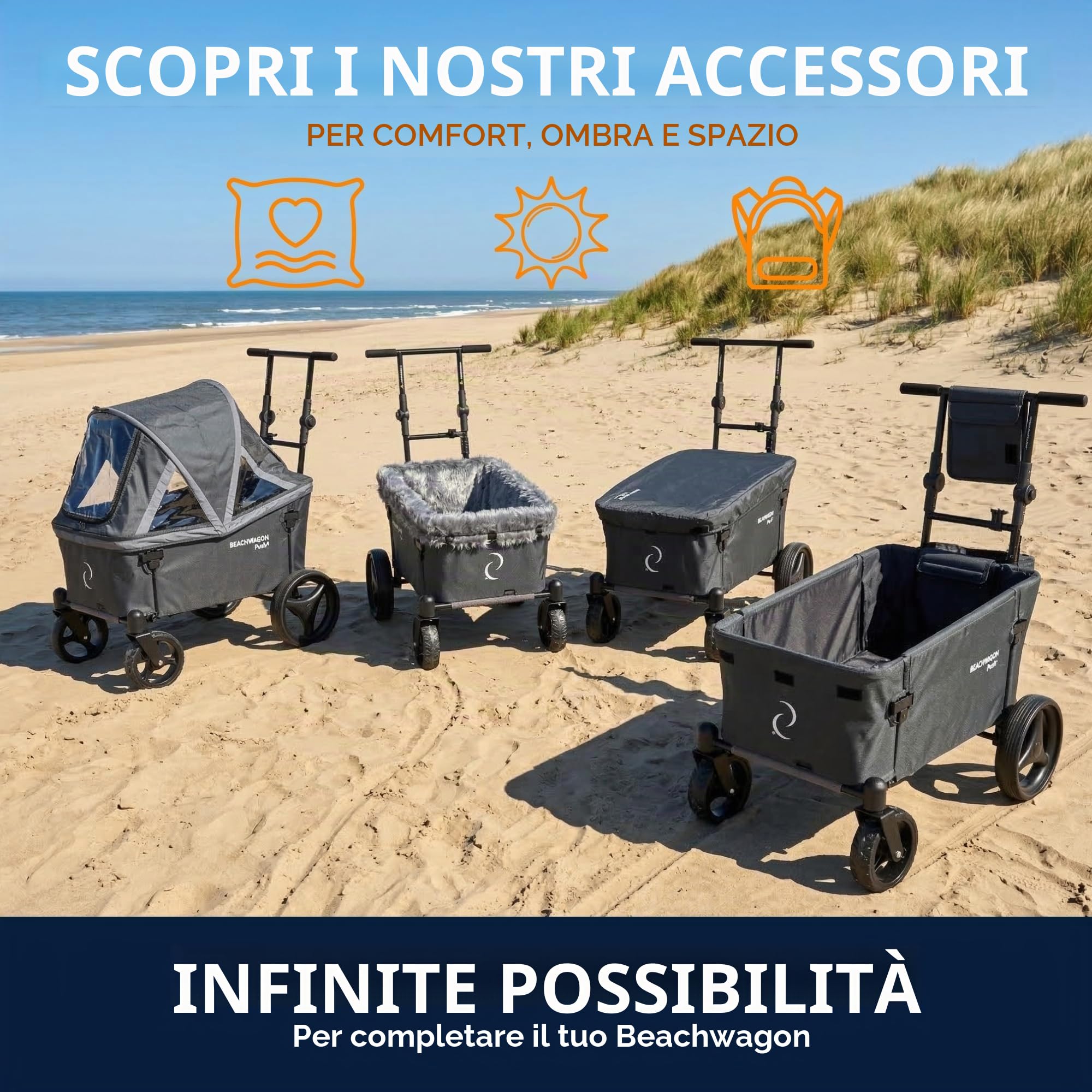 Beach Wagon Carrello con Ruote Pieghevole PUSH Combideal 40 kg, Carrello Spesa Medio con Barra di Spinta e Tetto, Leggero e Compatto, Lavabile, Carrello da Spiaggia e Giardino, Grigio Scuro