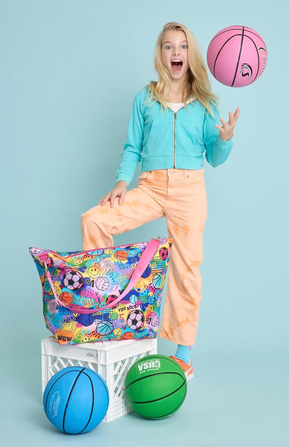 iscream + Corey Paige Designs 23.5" x 16" Weekender Travel Tote Bag with Vibrant Nylon Exterior and Adjustable Strap - Sporty Girl