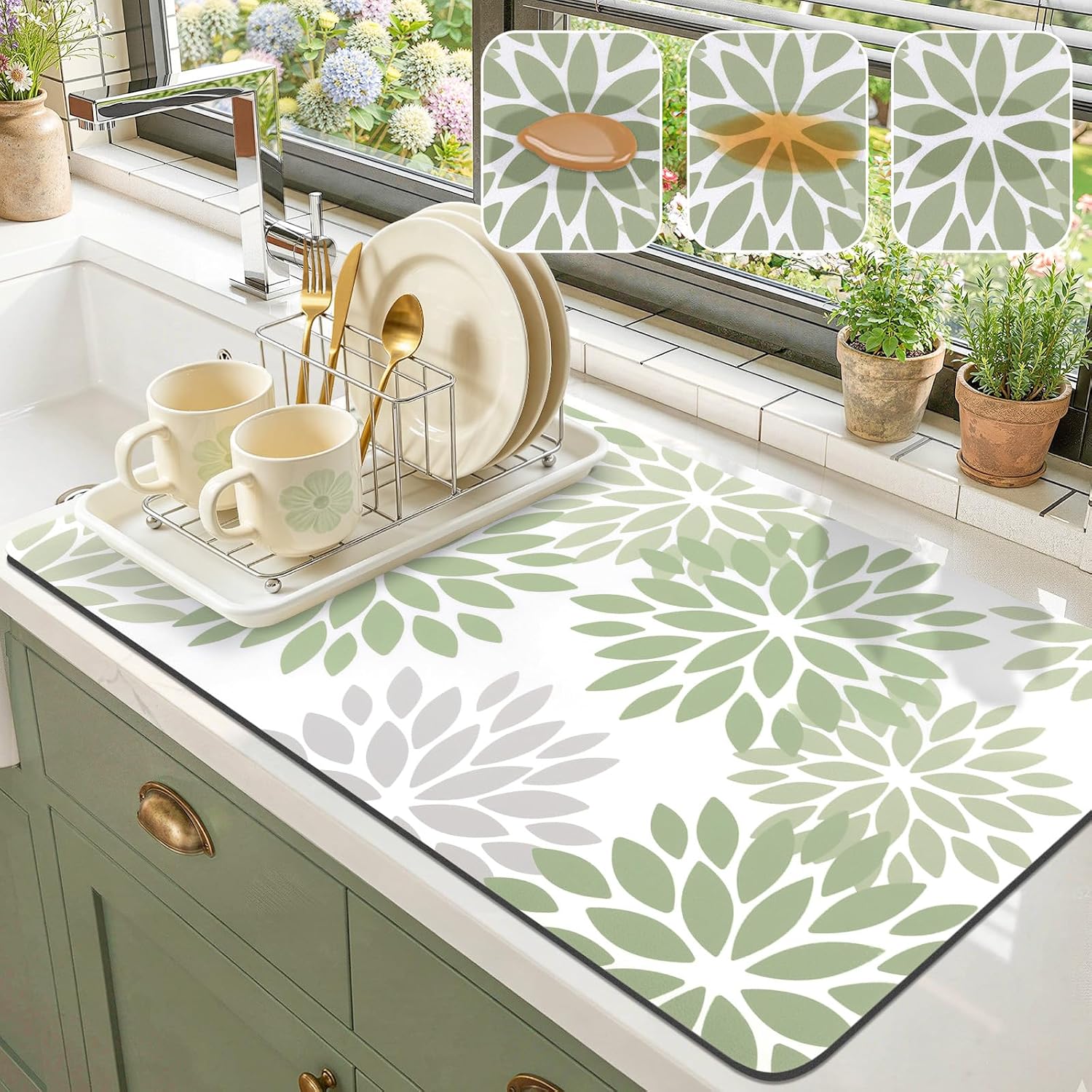 Findosom Floral Dish Drying Mat 17" x 32" Absorbent Coffee Mat, Sage Green