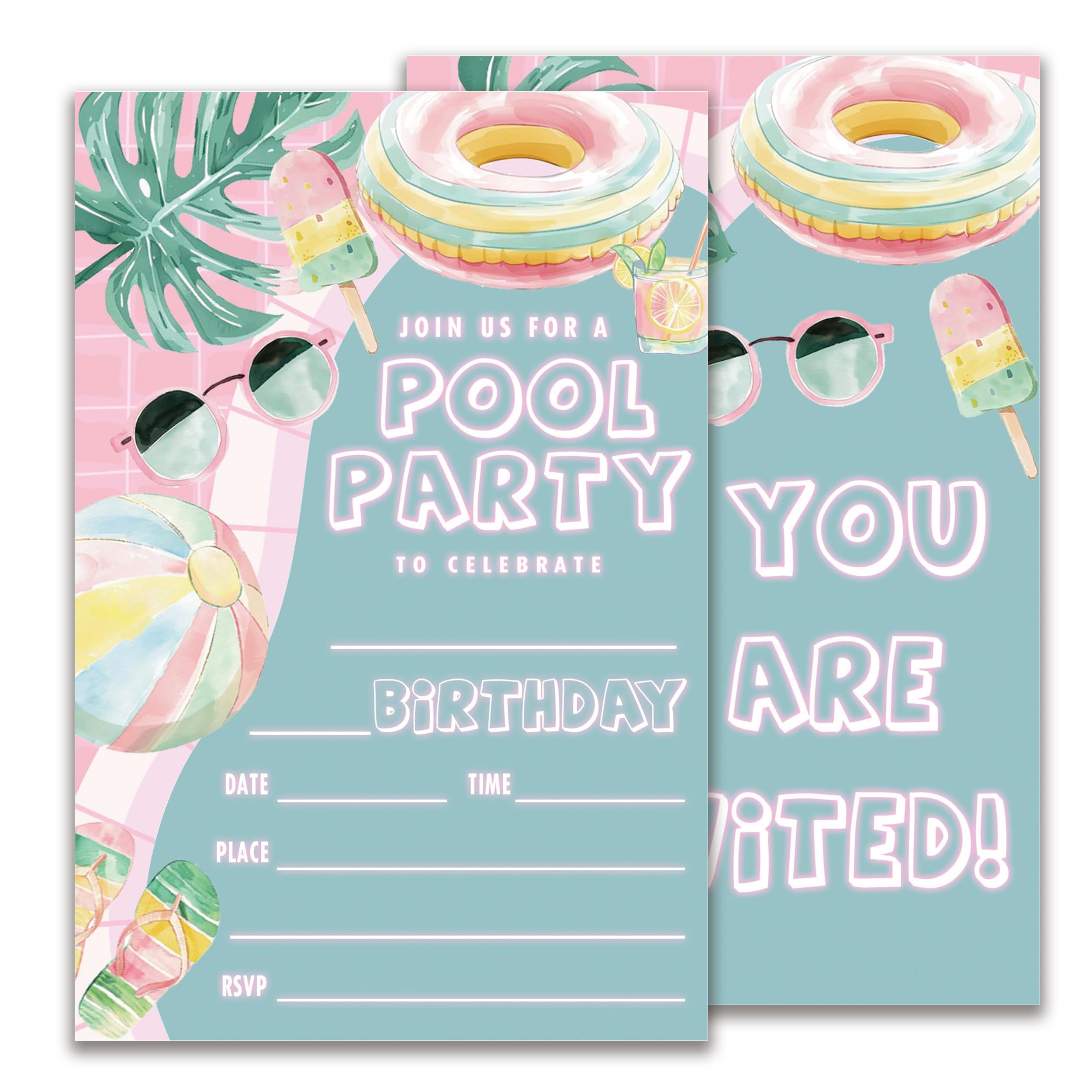 JUPXB Pool Birthday Invitations, Summer Birthday Party Invitations for Boys Girls, Pool Party Supplies, 20 Double-Sided Fill-In Party Invite Cards