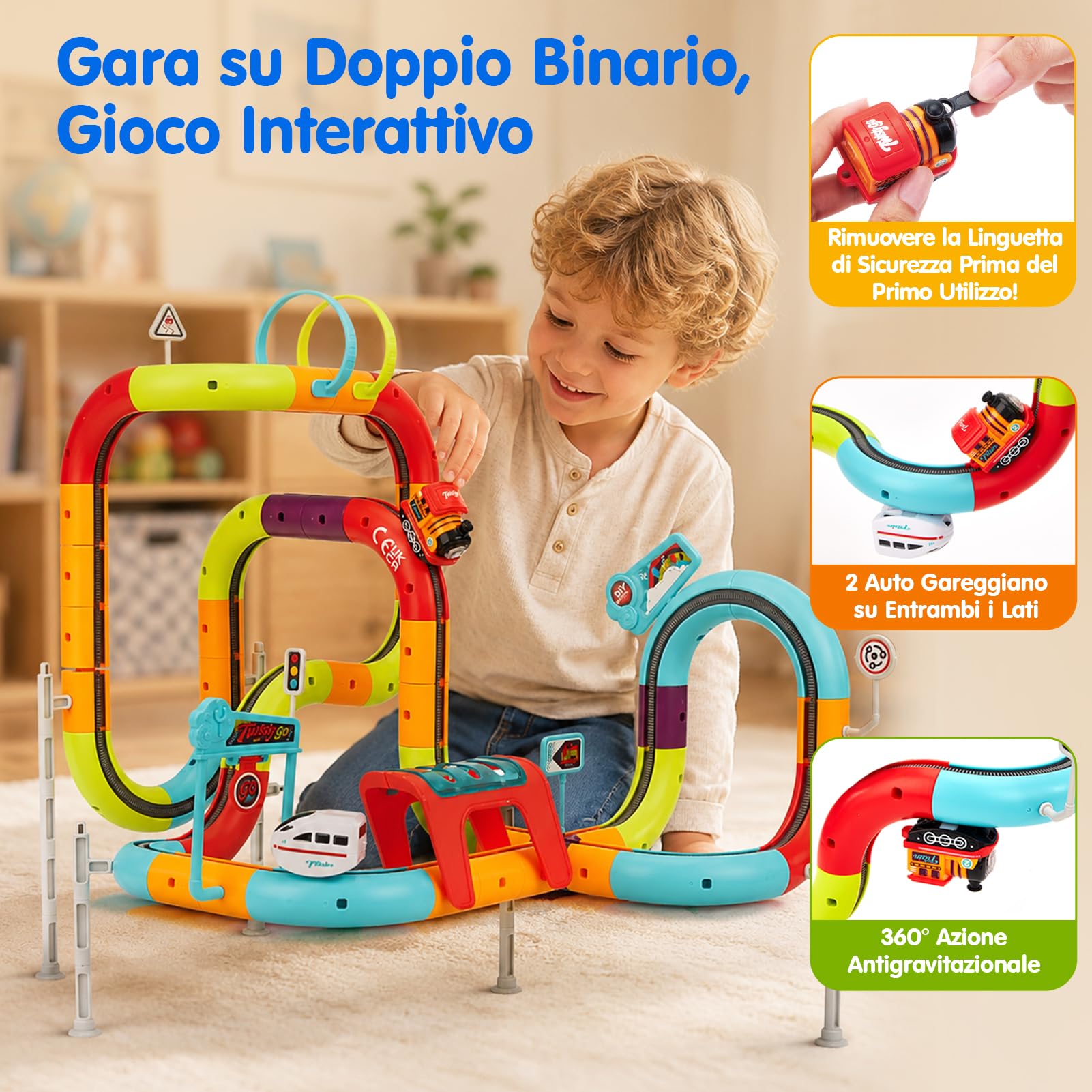 hahaland Pista Macchinine per Bambini 112 PCS, STEM Giochi Bambino 3-6 Anni | 2 Trenino Elettrico, 3D Antigravità Grande Pista, Smontabile e Ricomponibile, Regalo Bambino Maschio