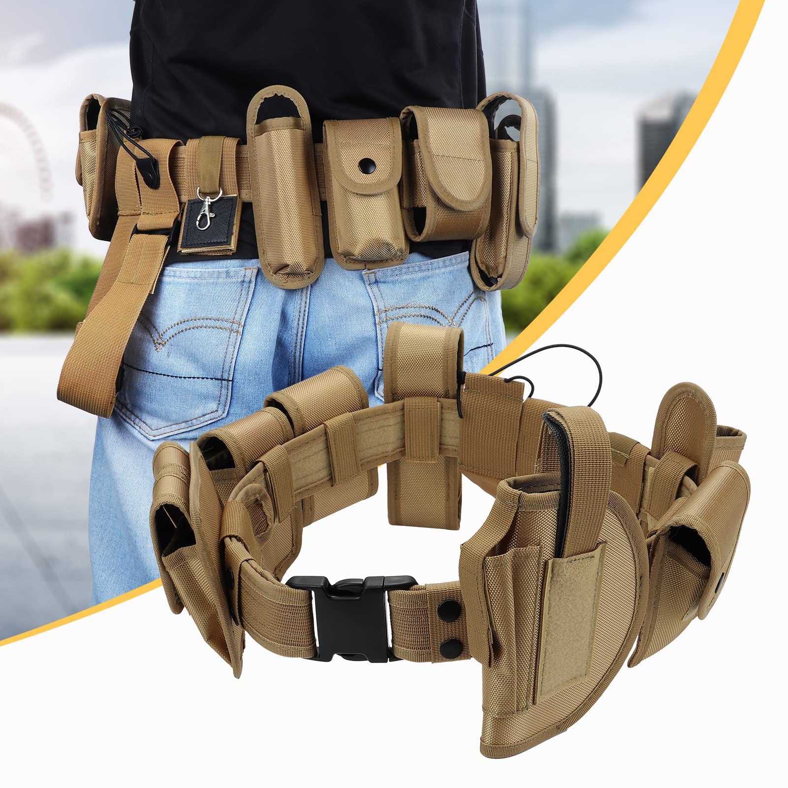 10 en 1 cinturón táctico de Utilidad Multifuncional al Aire Libre riñonera Equipo de Patrulla para Guardia de policía Caza de Seguridad con 9 Bolsas de componentes (Caqui)