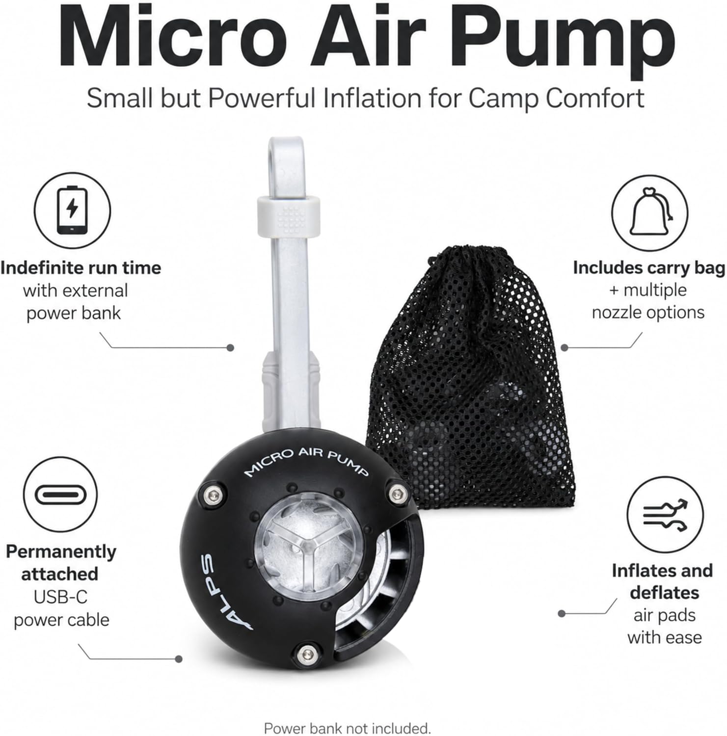 ALPS Mountaineering Micro Air Pump, Portable USB-C Inflator/Deflator