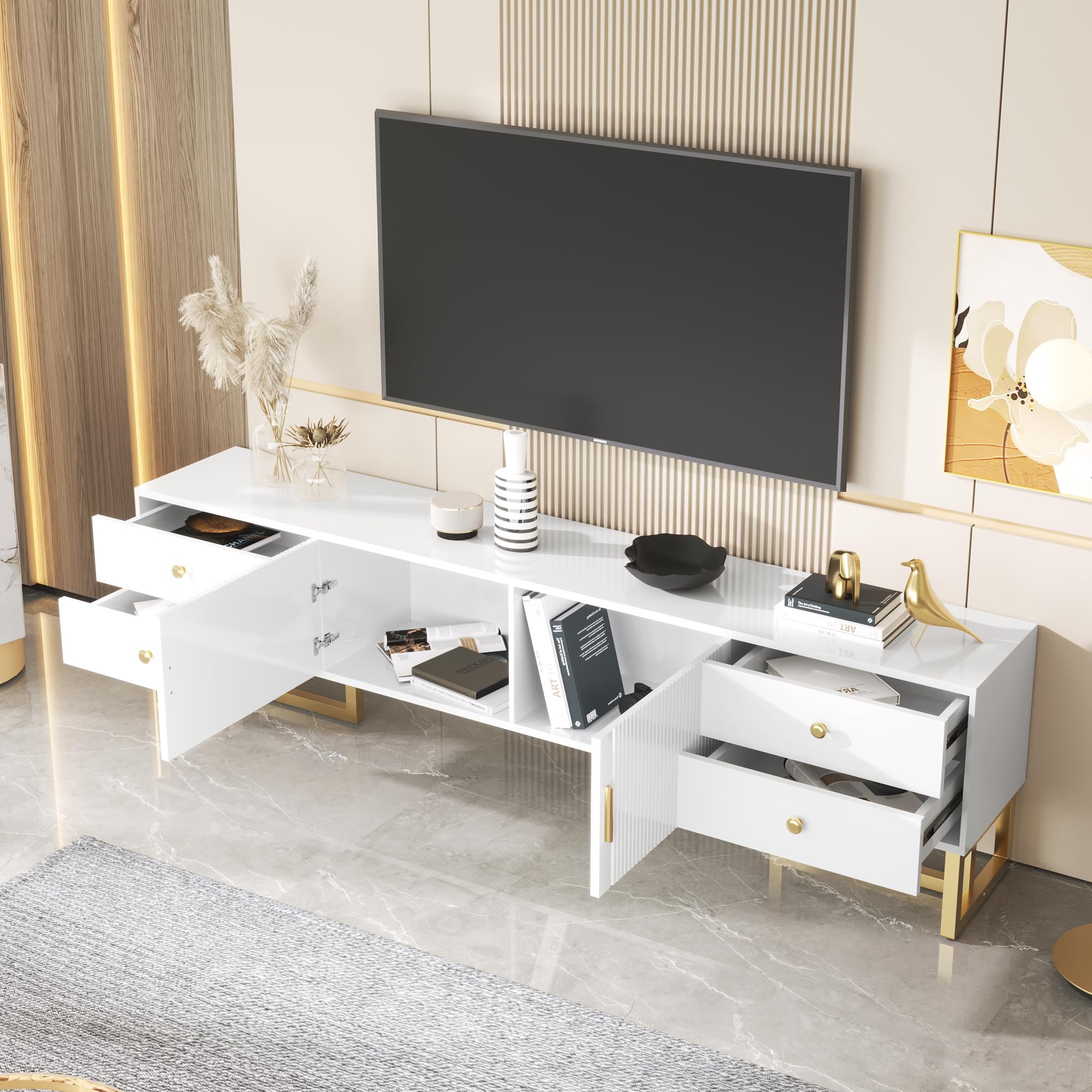 Moimhear TV-Schrank, niedriges Paneel mit strukturierter Tür, TV-Möbel mit Schubladen, goldenen Griffen und goldenen Füßen (weiß+Gold)