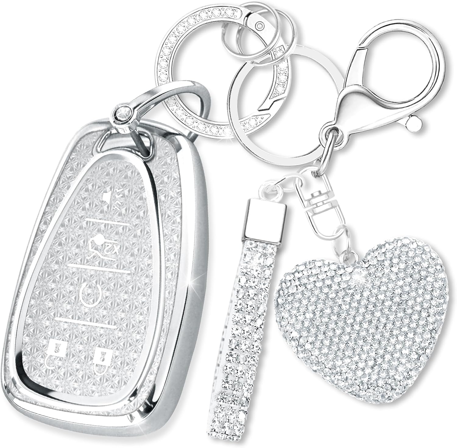 Key Fob Cover with Diamond Heart Keychain, Car Key Shell Compatible with Chevrolet Equinox Malibu Cruze Traverse Camaro Trax Blazer Volt Bolt Smart Key Protector for Women (5 Buttons-Silver)