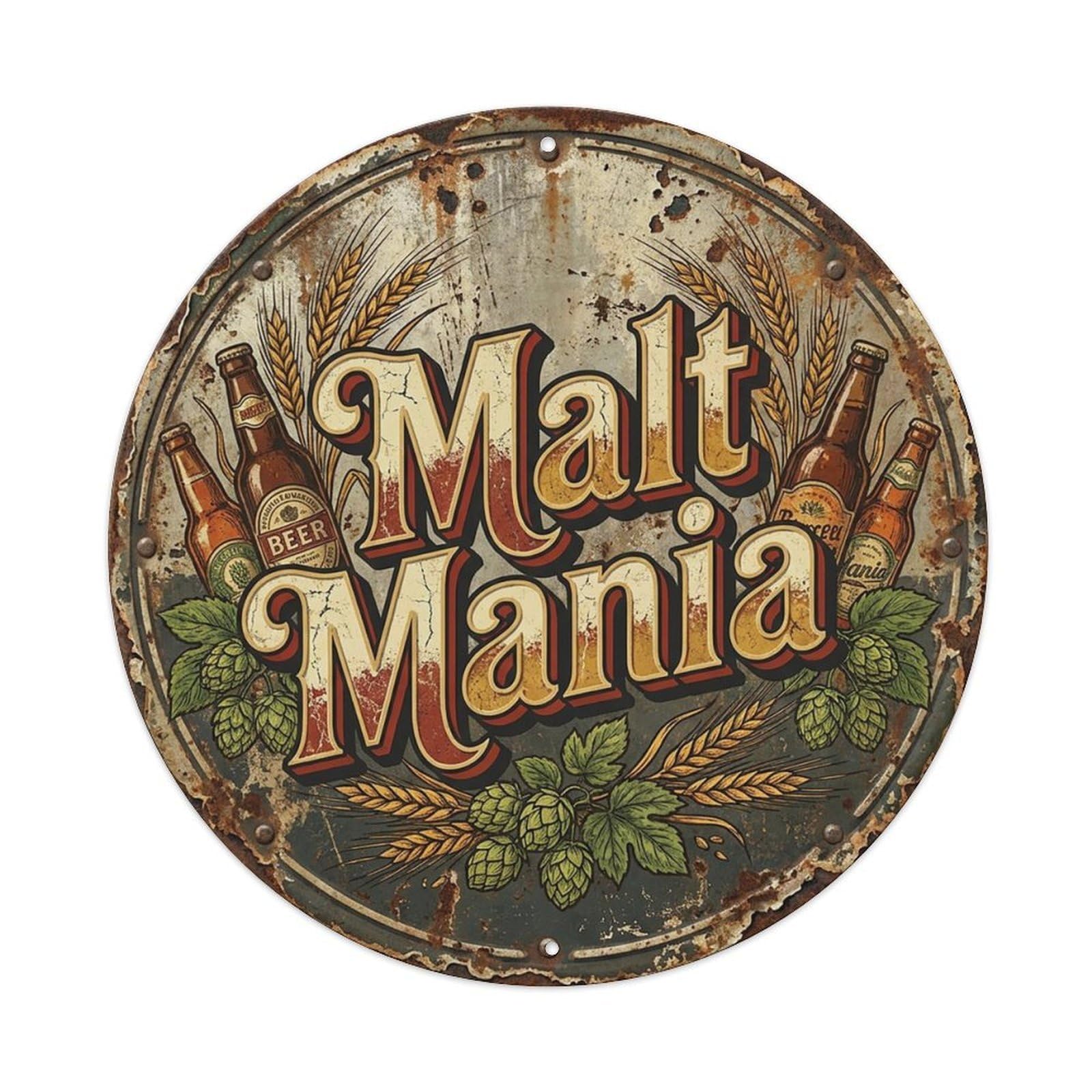 Vintage Beer Drinkware Malt Mania Retro Bar for Pub Vintage Metal Tin Sign Plaque Wall Decor for Cafe, Club Bar, Office, Garden Metal Poster 8x8Inch