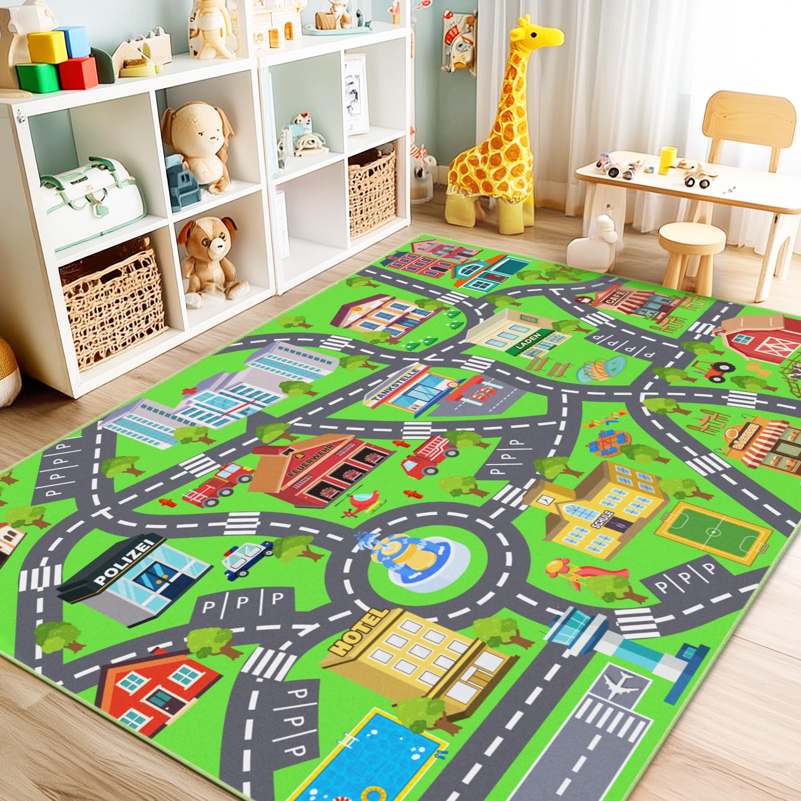 Rezutan Spielteppich Straße Kinder, Kinderteppich Spielzimmer 140X200cm | Kurzflor Waschbar & Rutschfest Teppich für Kinderzimmer Klassenzimmer, Spielzimmer, Schlafzimmer Spielteppich für Kinder