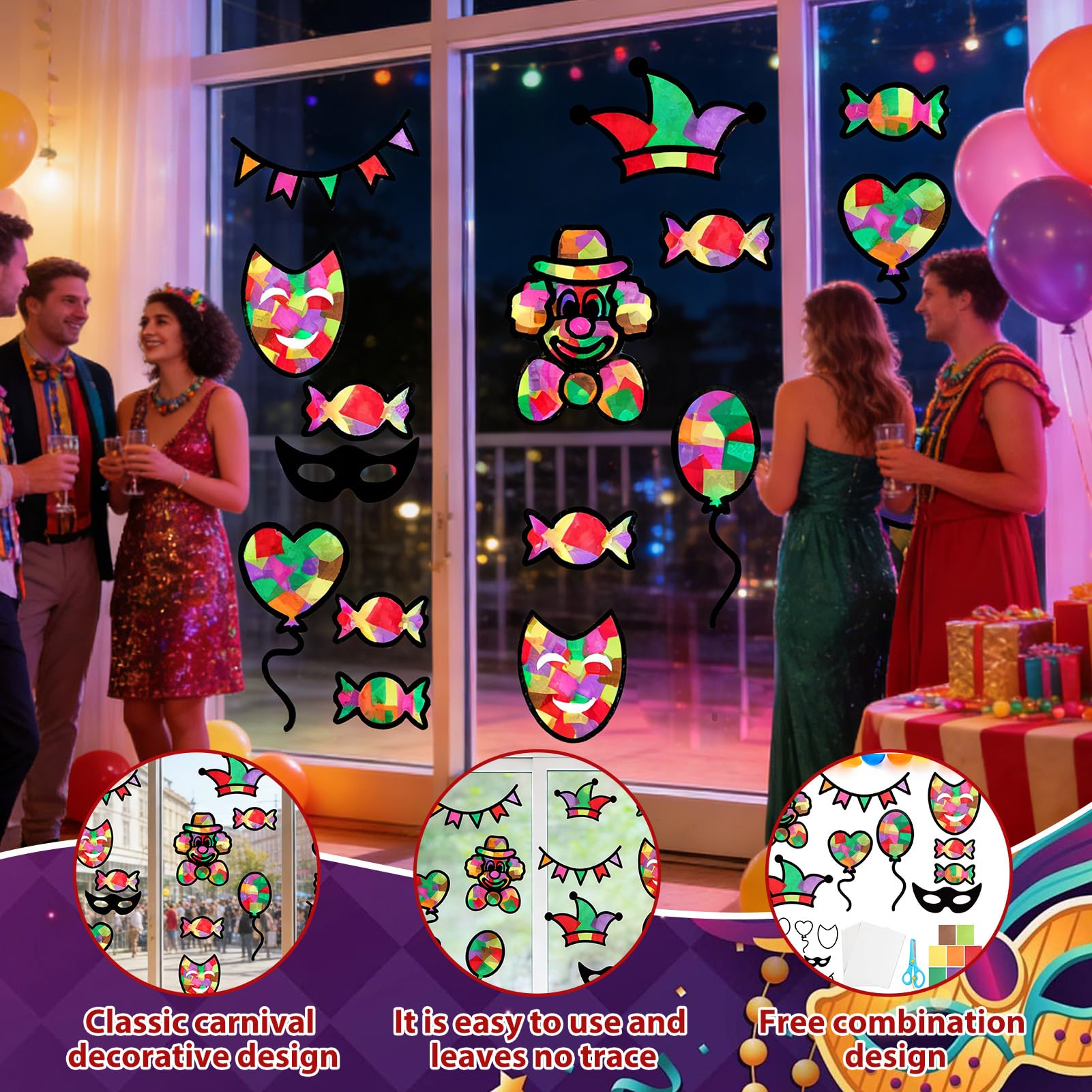 24 Piezas Payaso Pegatinas de Ventana,Imágenes para Ventana de Carnaval,Manualidad Pegatina Ventana de Fiesta Circo Carnaval para Carnavales y Fiestas de Cumpleaños
