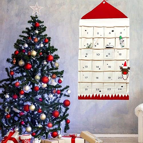 Miniatura 5 de JapanAmStore - Calendario de Adviento navideño con bolsillos, bolsa para colgar en la pared para el hogar, decoración de cuenta regresiva de Navidad