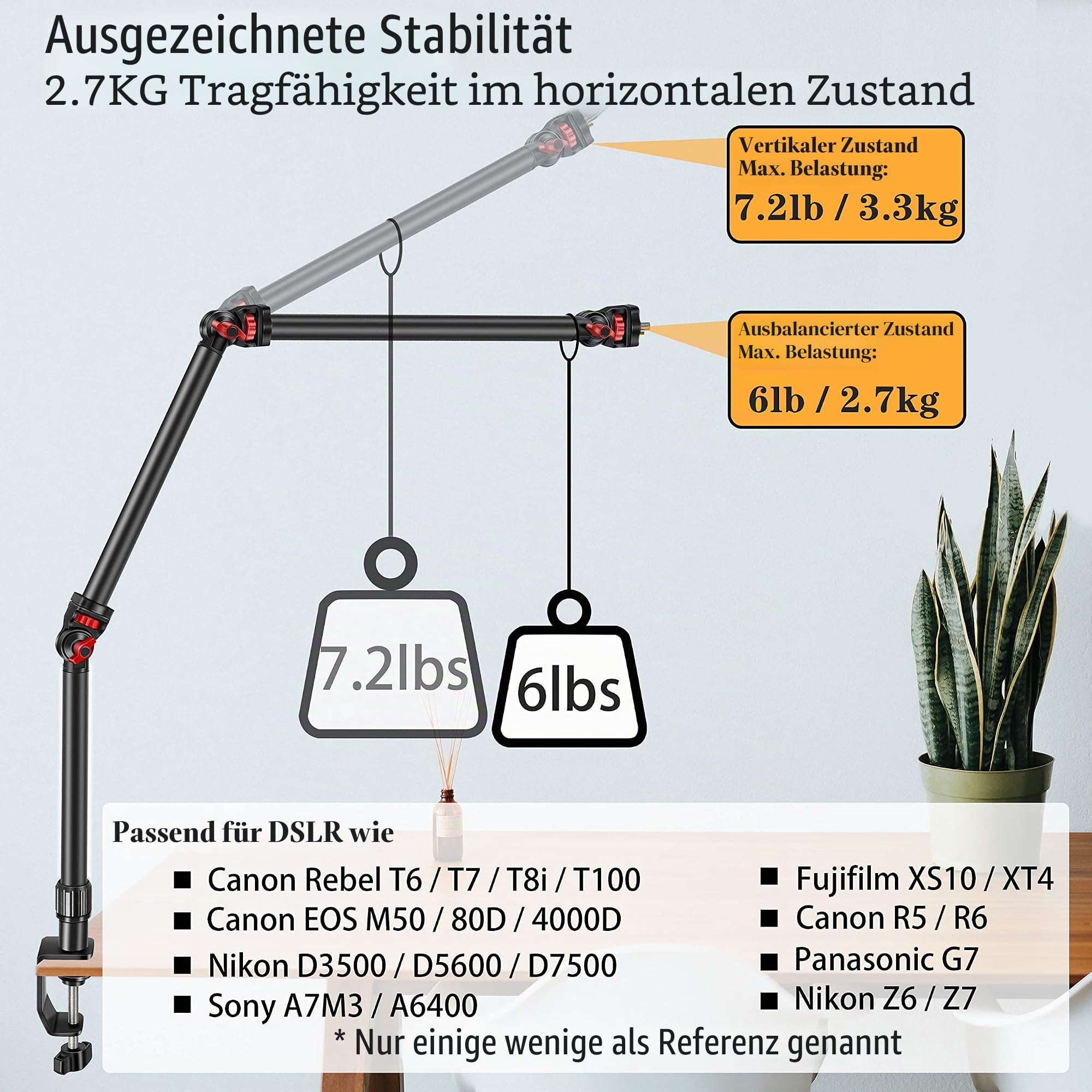 Overhead-Kamera-Halterung, Schreibtischständer, 3-teilig, flexibel, Abnehmbarer Gelenkarm mit 1/4 Zoll, 3/8 Zoll, 5/8 Zoll Schraube und 360°-Kugelkopf, C-Klemme, Tischhalterung für
