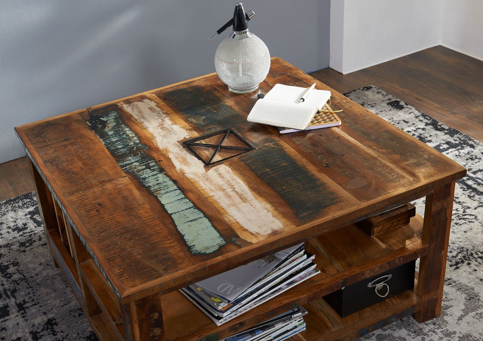 MASSIVMOEBEL24.DE Table Basse carrée 90x90cm - Bois Massif recyclé Multicolore laqué - Inspiration Ethnique - Nature of Spirit #105