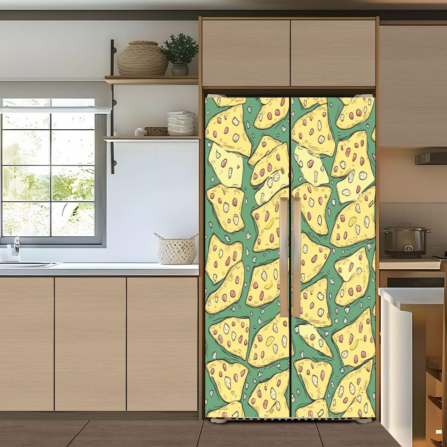 Self Adhesive Vinyl Refrigerator Wrap Set Seamless Pizza Pattern Black White Pizza Doodle Pizza Fast Food Door Mural Removable Fridge Sticker Peel and Stick Decal Rustic Kitchen Decor