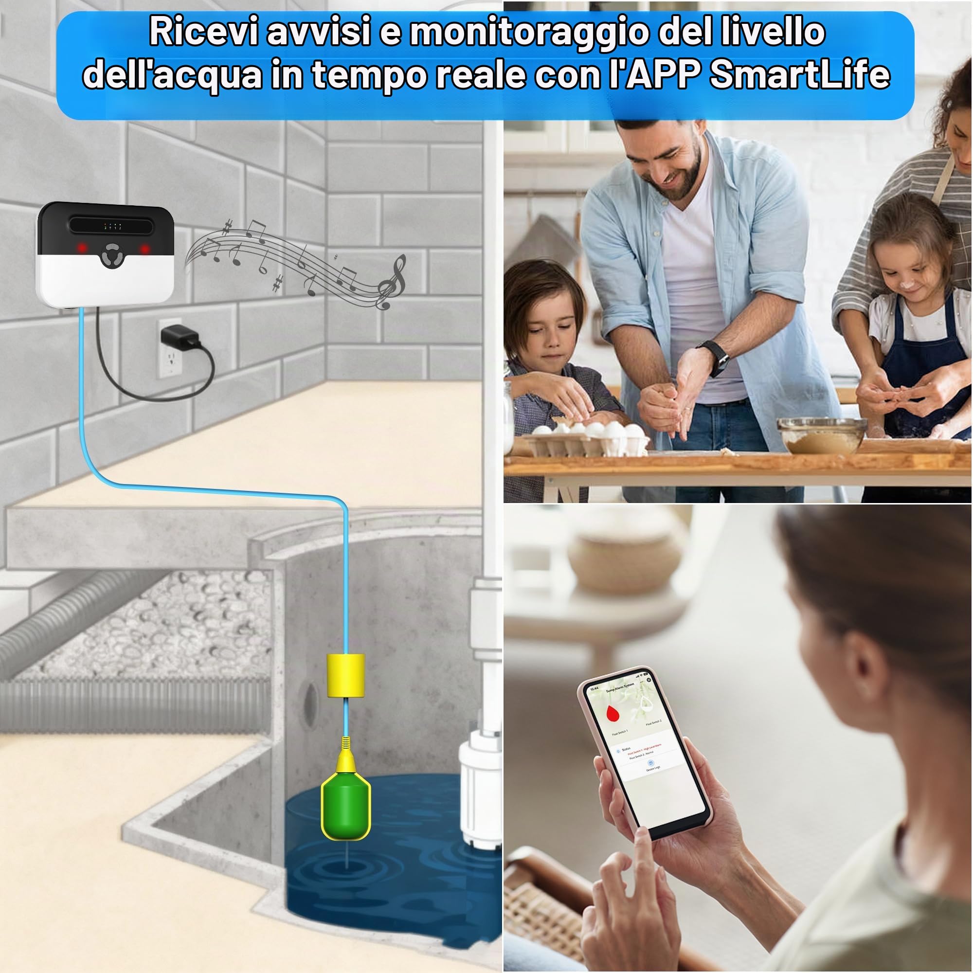 LUCKYDUO Z7PRO Allarme WiFi Pompa Sommersa, Backup, Alto/Basso, 110dB