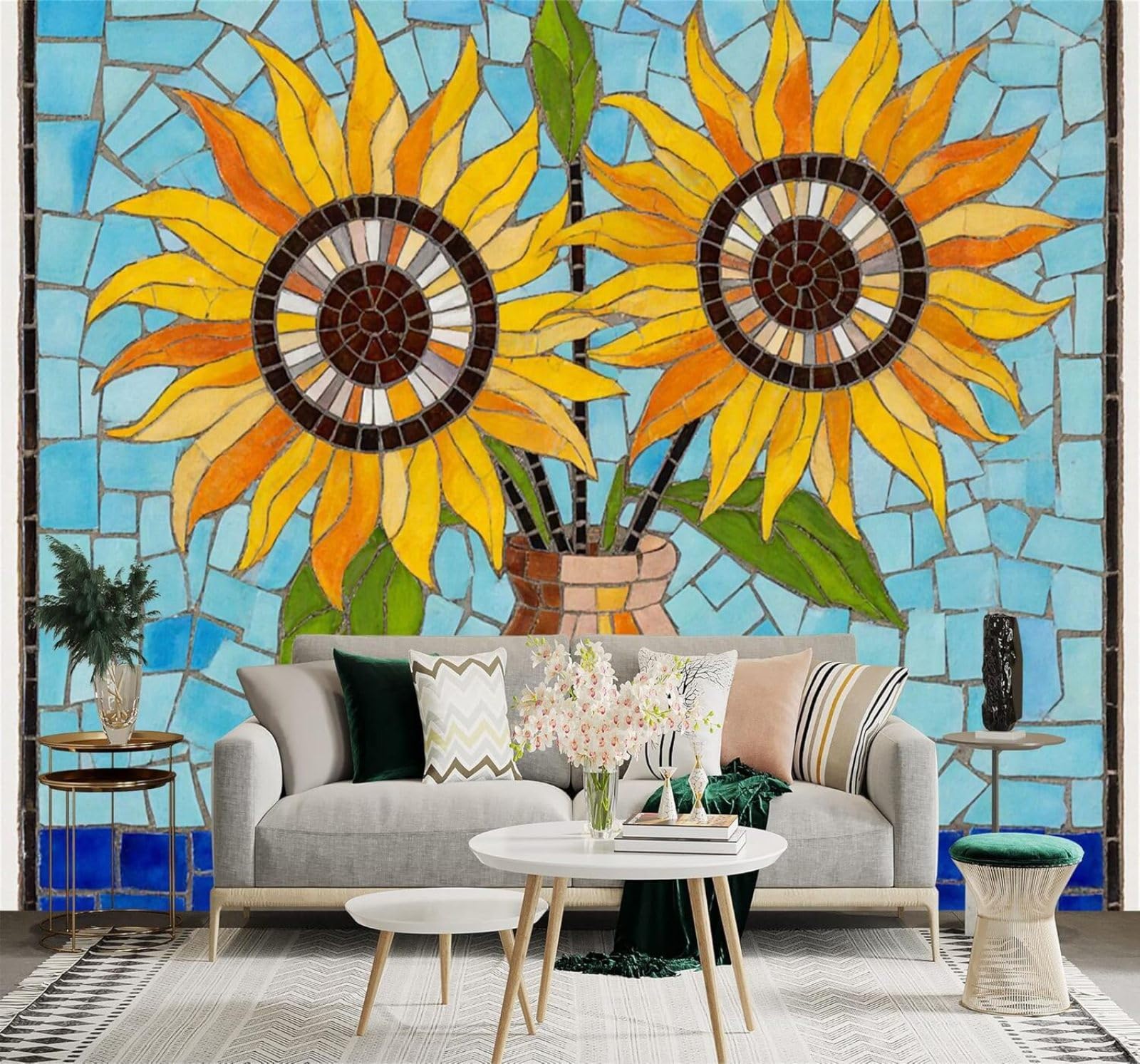 XLMING Abstract Ceramic Vase Sunflowers Blue Mosaic 3D Wallpaper Silky Texture Home Study Office Grey Dining Room Sofa Bedroom Living Room TV Backdrop-300cm×210cm