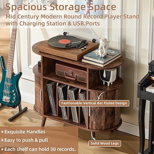 Miniatura 6 de LELELINKY Soporte redondo grande para tocadiscos con estación de carga y panel estriado, gabinete giratorio moderno de mediados de siglo marrón con
