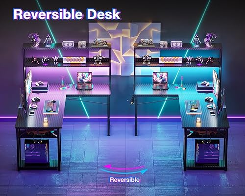 Miniatura 6 de ODK - Escritorio de juegos en forma de L de 53" con estante superior y gancho para auriculares, mesa de computadora de esquina con estanterías de