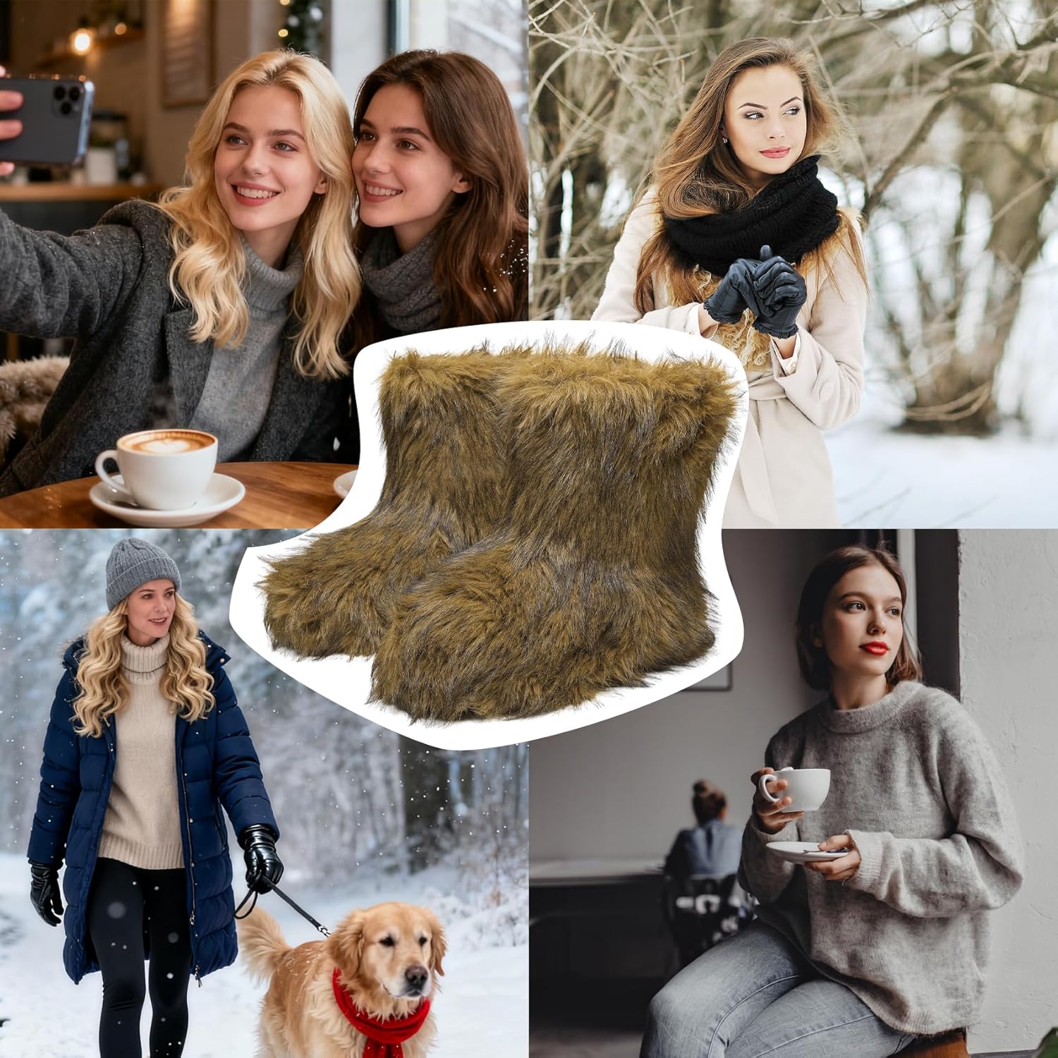 JSWEI Women Winter Snow Boots Soft Comfortable Faux Fur Mid Calf Wide Width Waterproof Warm Lace-Up Snow Boots for Women's Insulated Woman Lightweight Non-Slip Outdoor