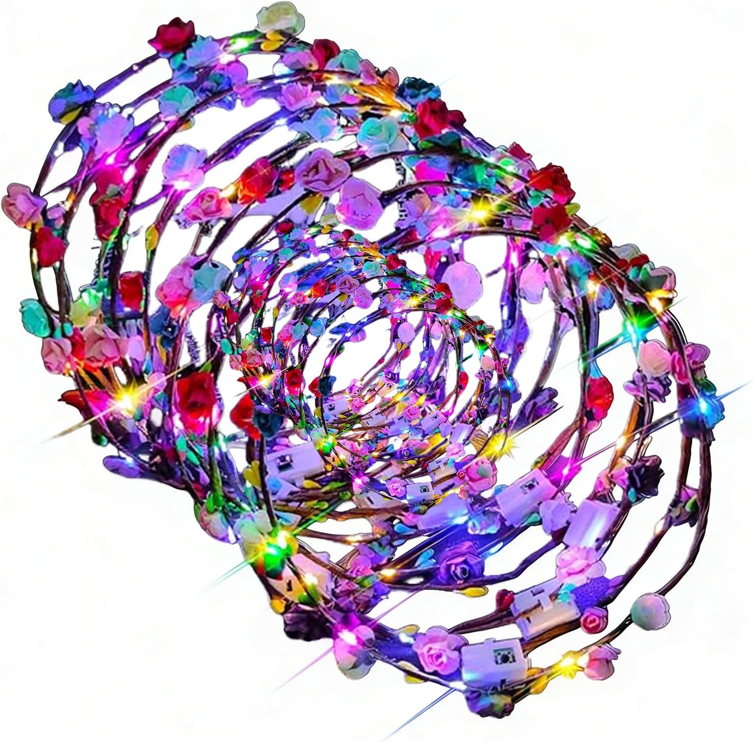 PTHTECHUS 12 Pack LED Flower Headband Crown, Halloween Glow in The Dark Party Supplies Wreath Headdress for Men Women Hair Accessories, LED Light Up Party Favors Dress Up Wedding Birthday Christmas