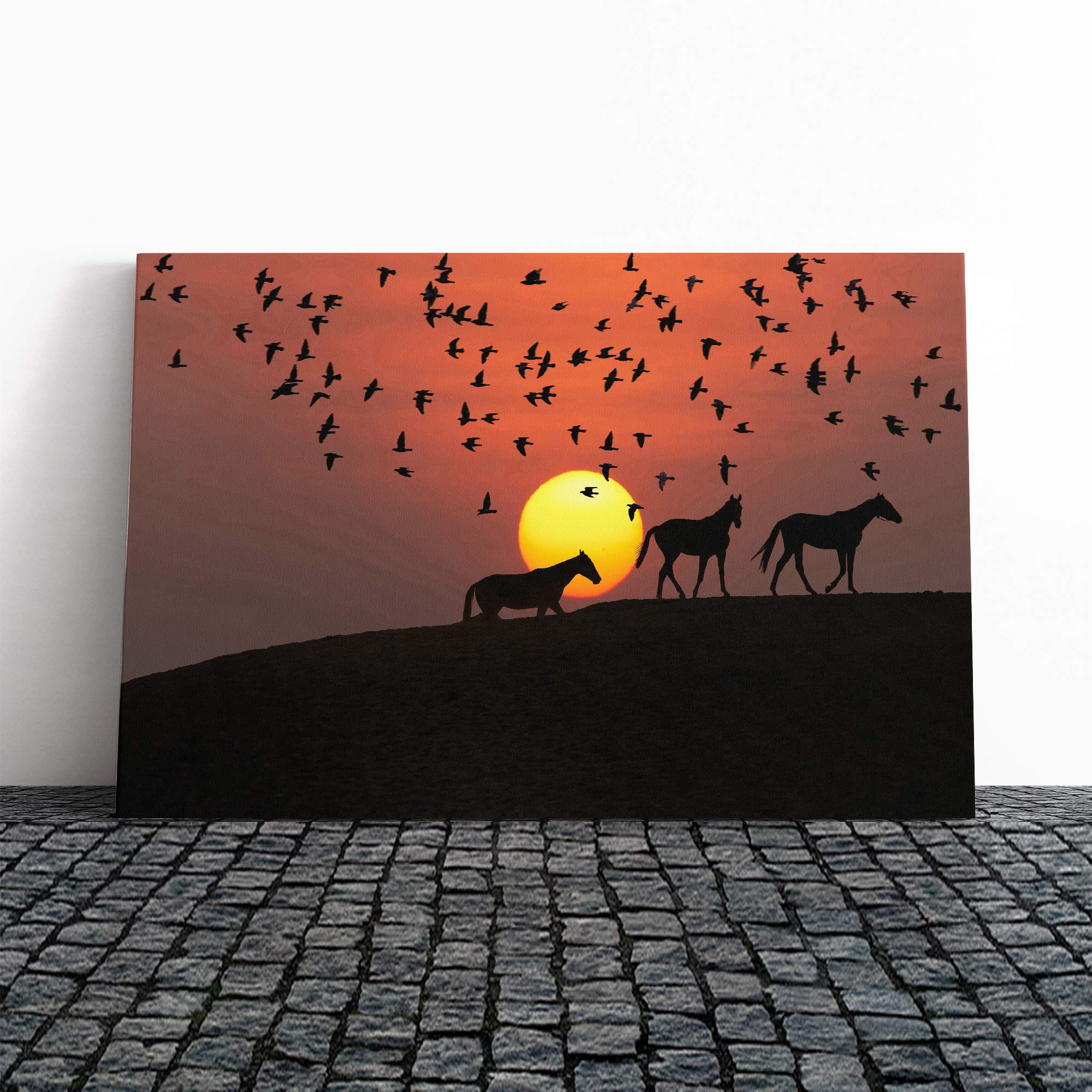 Birds and Horses Sunset Canvas Print | Gallery Wrapped 30mm Frame Wall Art | 24x16 inches | Ready to Hang | Modern Animals Picture | Living Room Bedroom Lounge Office