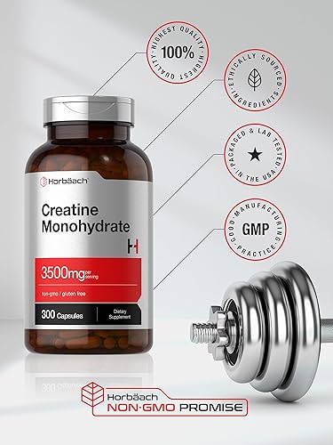 Miniatura 5 de Horbäach Cápsulas de monohidrato de creatina  3500 mg  300 unidades  Suplemento sin OMG y sin gluten