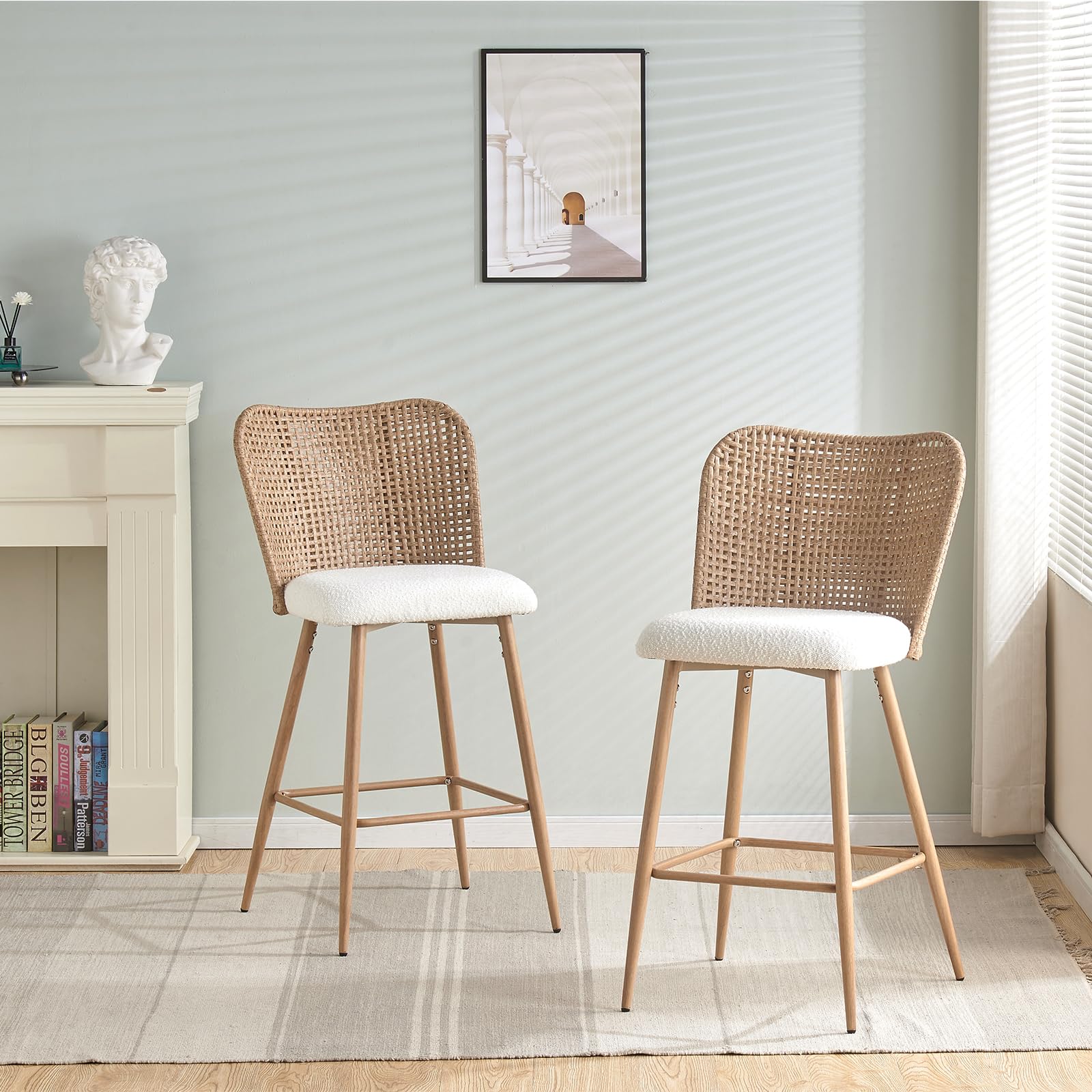 Amazon.com: JALOURT Rattan Counter Height Bar Stools Set of 2，26 ...