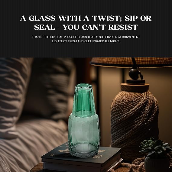 Bruno Magli 37.2 oz Geo Glass Carafe Set 2-Piece Bedside Water Pitcher with Tumbler Lid for Nightstand, Office & Guest Room, Modern Ribbed Glass Drinkware, Stylish & Gift Ready (Green)