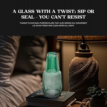 Bruno Magli 37.2 oz Geo Glass Carafe Set 2-Piece Bedside Water Pitcher with Tumbler Lid for Nightstand, Office & Guest Room, Modern Ribbed Glass Drinkware, Stylish & Gift Ready (Green)