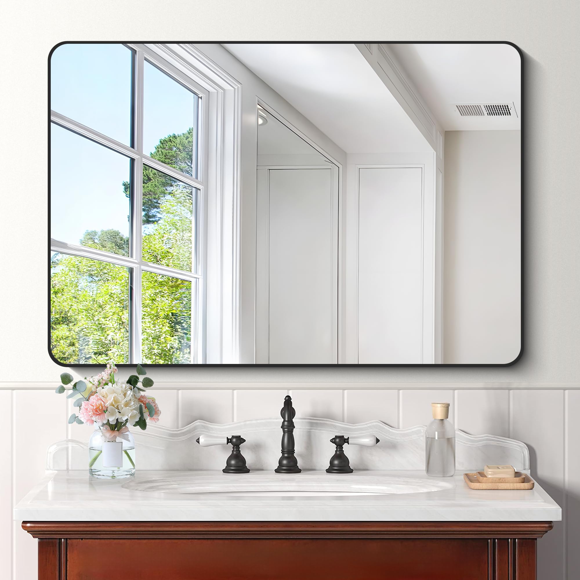 CIVENO Bathroom Mirror, 26"x38" Black Rectangle Bathroom Wall Mirror, Rounded Corner Metal Frame Vanity Mirror, Wall Mounted Mirrors for Bedroom Living Room Entryway Horizontal Or Vertical Mounting