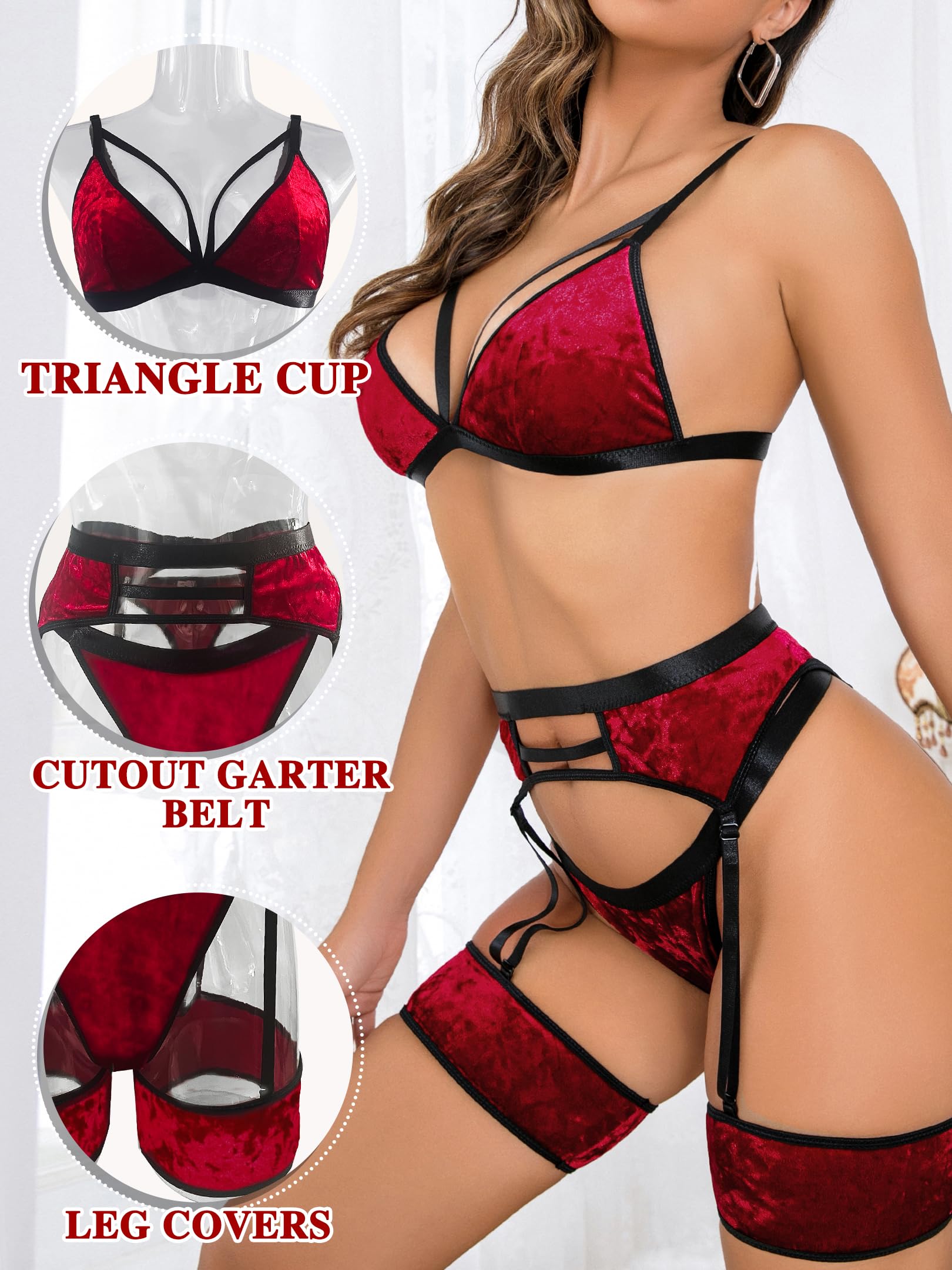 popiv Women's Sexy Lingerie Set with Garter Belt Matching Bra and Panty Lingeries Sets 4 Piece: Medium Velvet Red